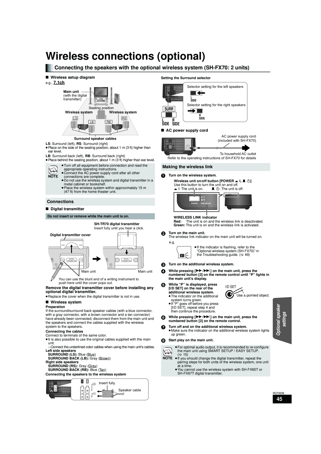 Panasonic SC-BT200 Wireless connections optional, Connections, Surr, Side, Making the wireless link, Digital transmitter 