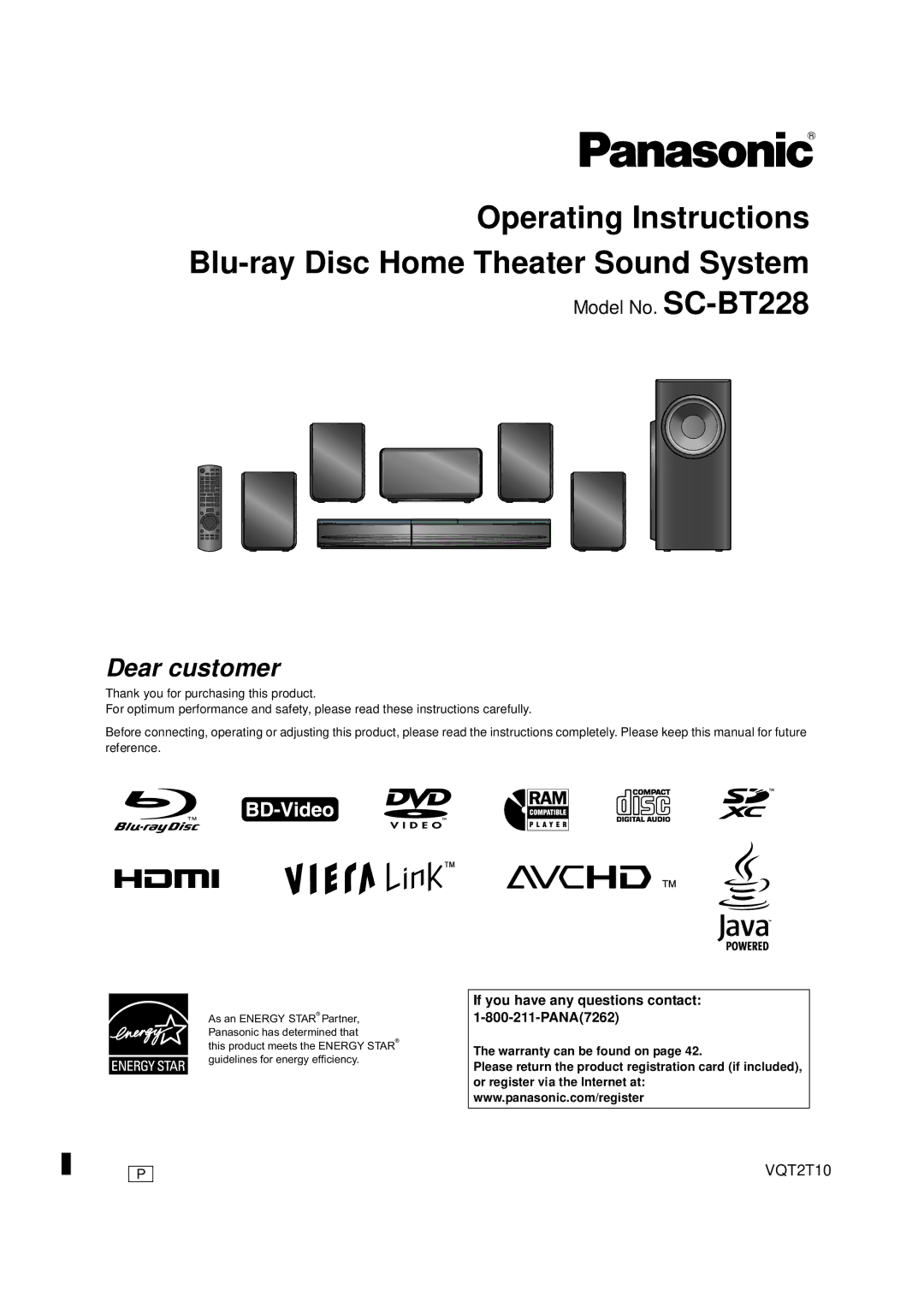 Panasonic VQT2T10, SC-BT228 warranty If you have any questions contact 1-800-211-PANA7262, Warranty can be found on 