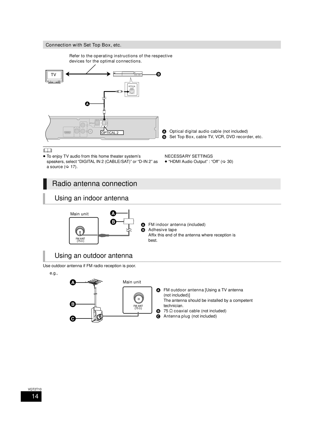 Panasonic SC-BT228 warranty Radio antenna connection, Using an indoor antenna, Using an outdoor antenna, Necessary Settings 