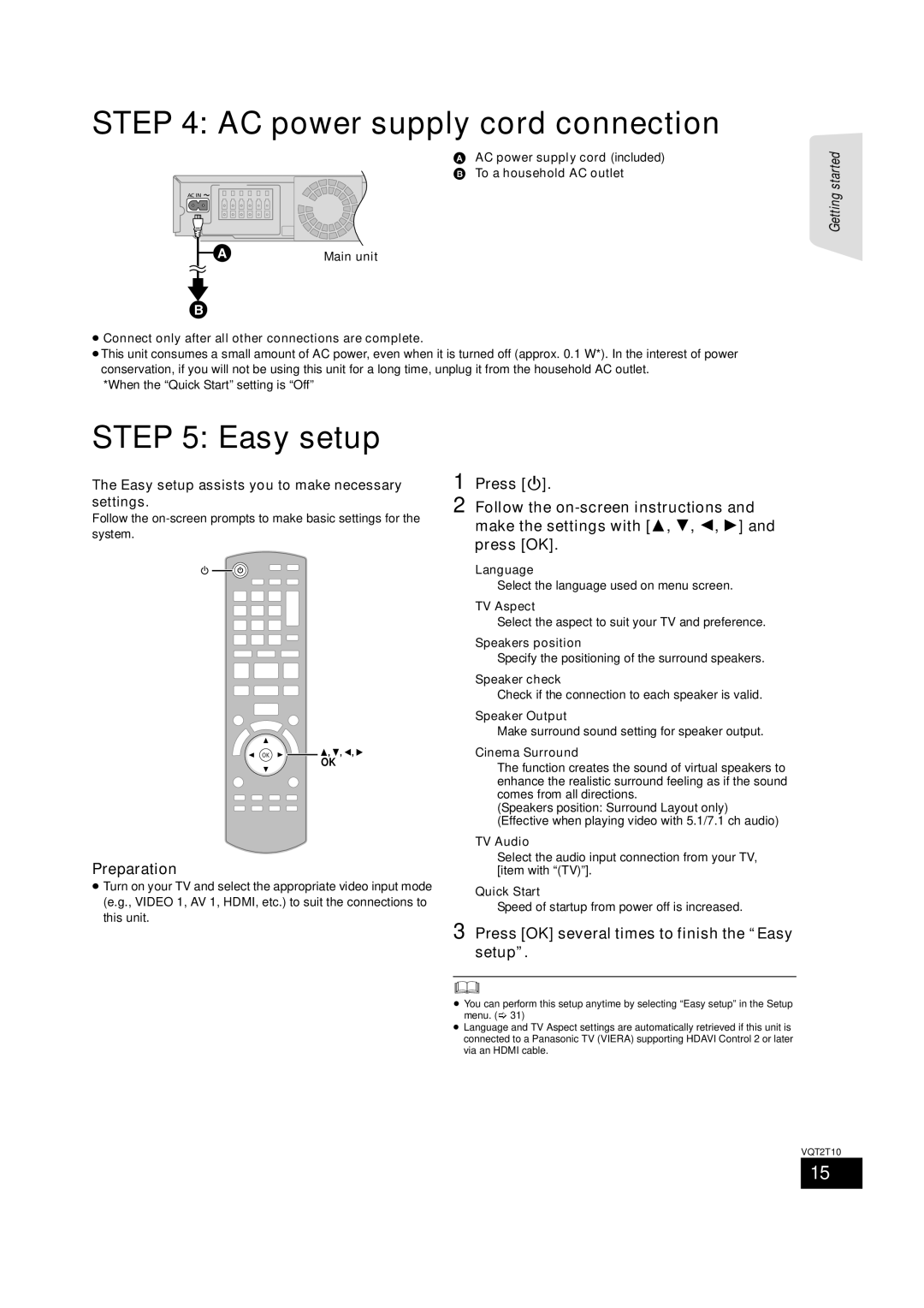 Panasonic VQT2T10, SC-BT228 warranty AC power supply cord connection, Easy setup, Preparation 