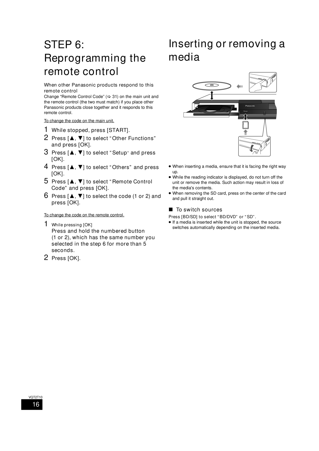 Panasonic SC-BT228, VQT2T10 Reprogramming the remote control, Inserting or removing a media, While stopped, press Start 