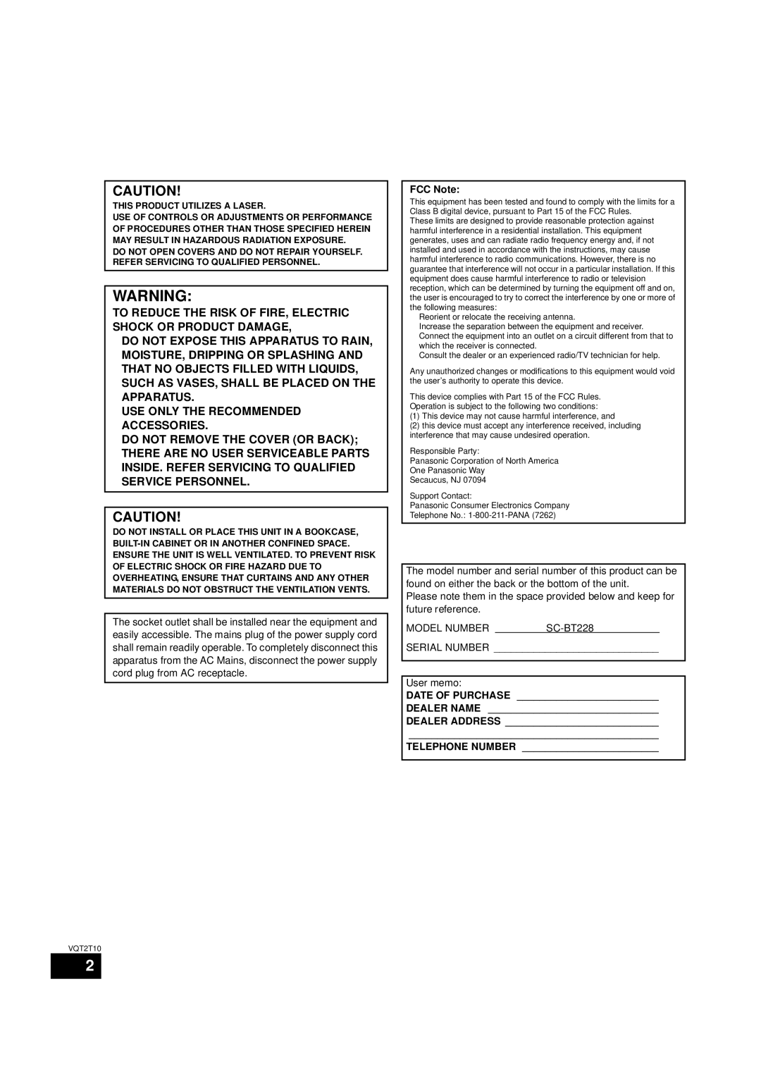 Panasonic SC-BT228, VQT2T10 warranty FCC Note, User memo 