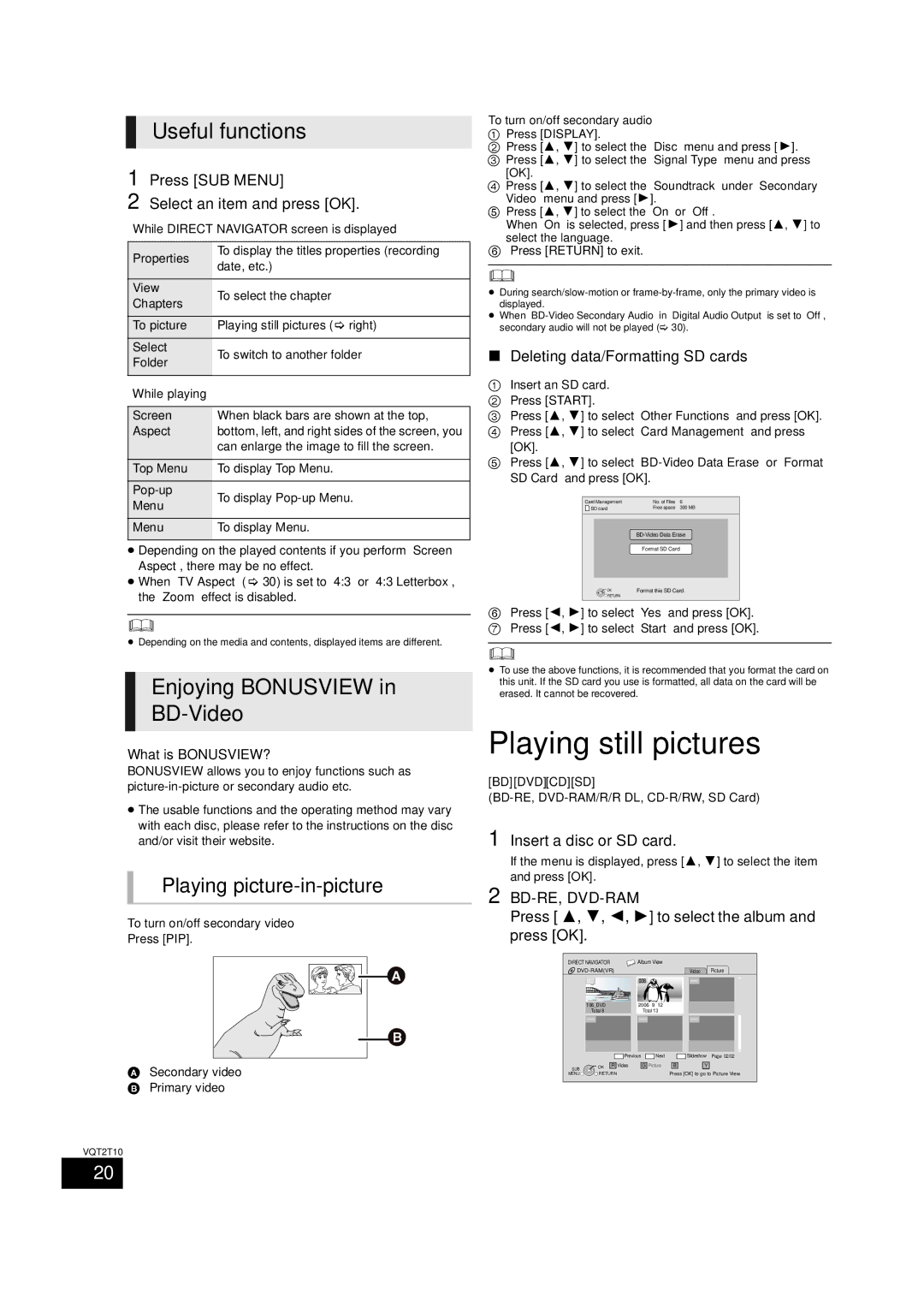 Panasonic SC-BT228 Playing still pictures, Useful functions, Enjoying Bonusview BD-Video, Playing picture-in-picture 