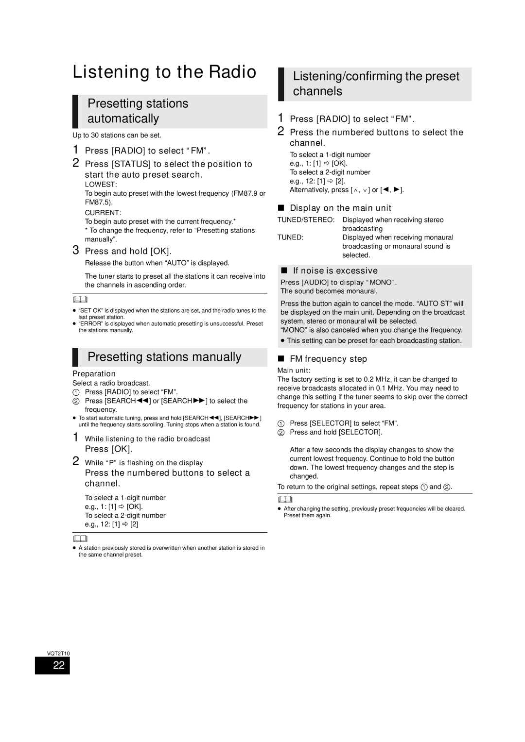 Panasonic SC-BT228, VQT2T10 warranty Listening to the Radio, Presetting stations automatically, Presetting stations manually 