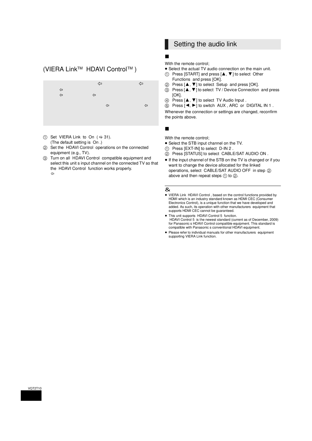 Panasonic SC-BT228, VQT2T10 Linked operations with the TV, Setting the audio link, What is Viera Link Hdavi Control? 