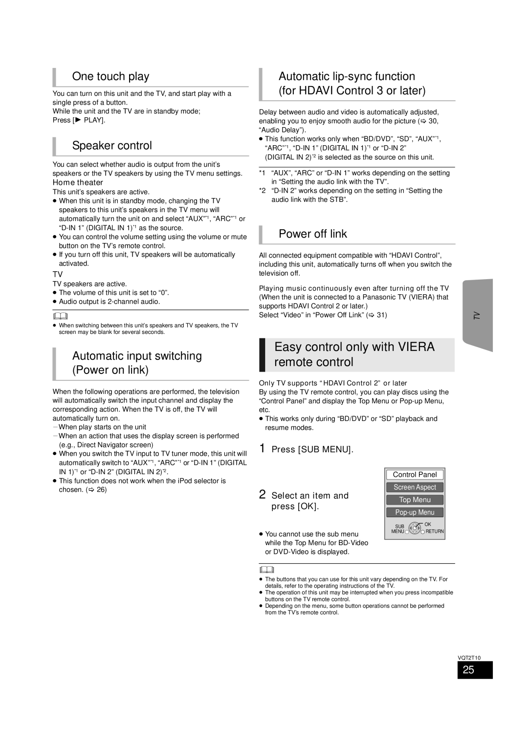 Panasonic VQT2T10, SC-BT228 warranty Easy control only with Viera remote control 