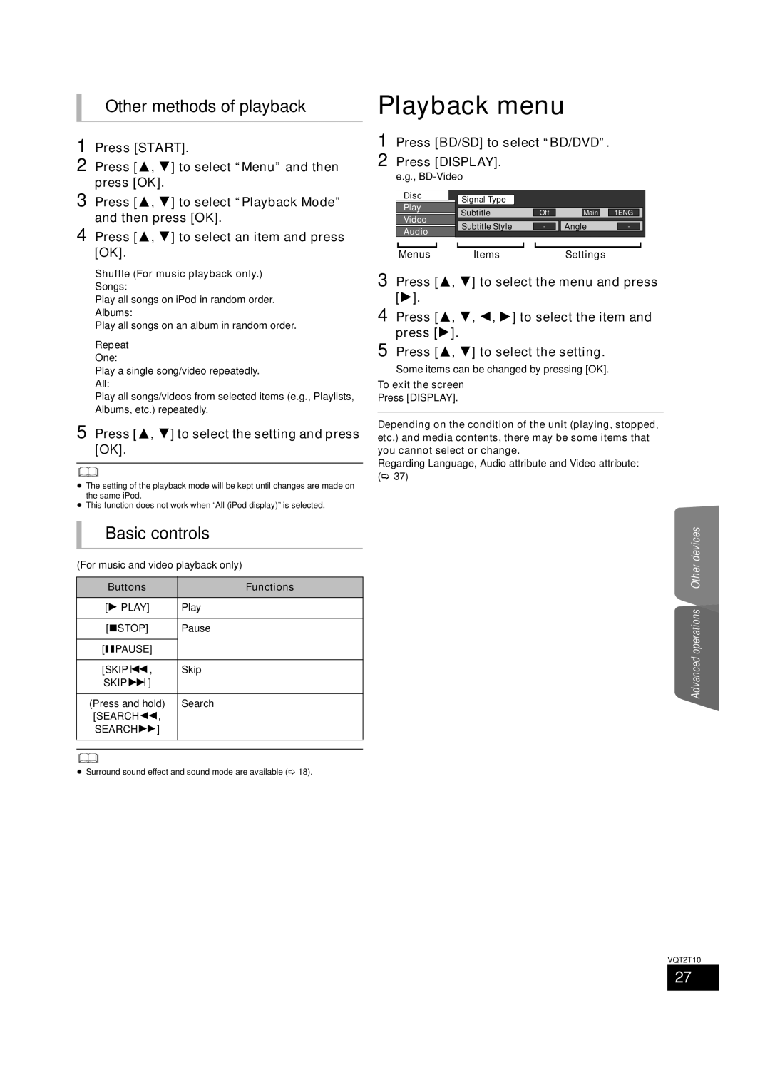 Panasonic VQT2T10, SC-BT228 Other methods of playback, Basic controls, Press 3, 4 to select the setting and press OK 