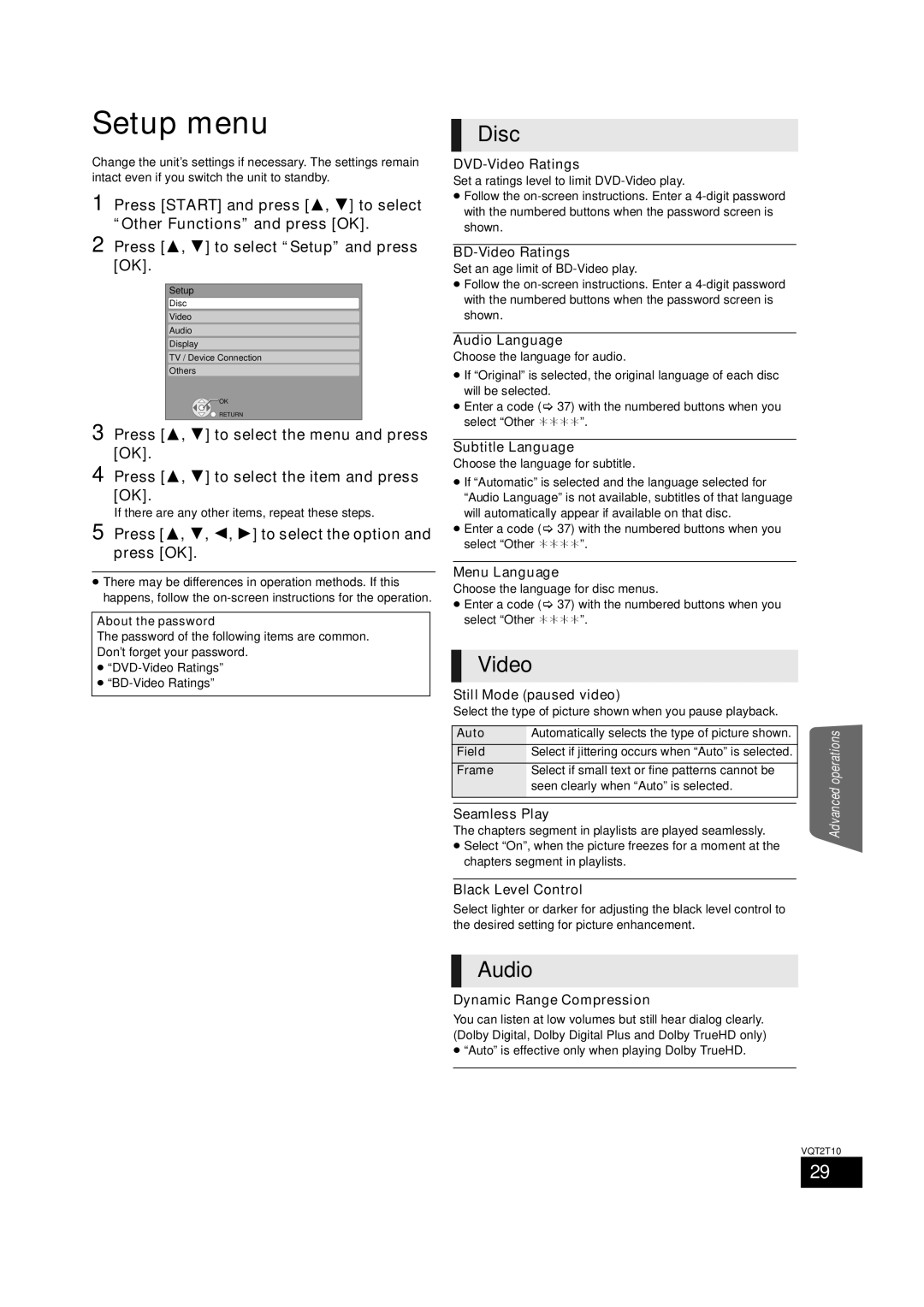 Panasonic VQT2T10 DVD-Video Ratings, BD-Video Ratings, Audio Language, Subtitle Language, Menu Language, Seamless Play 