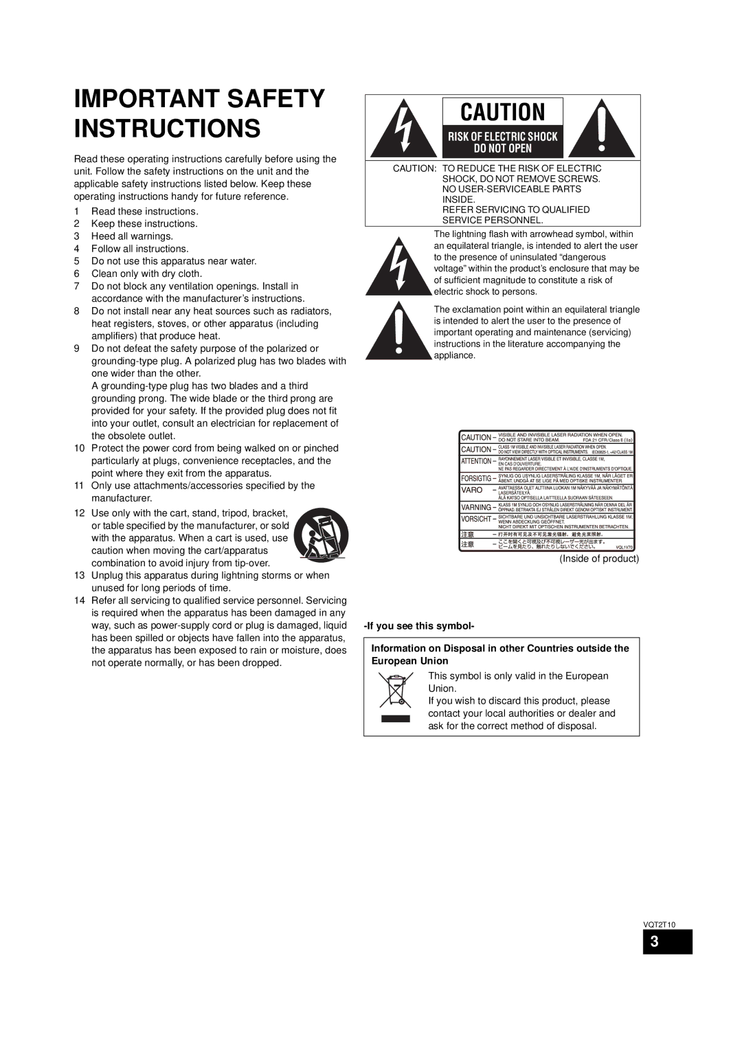 Panasonic VQT2T10, SC-BT228 warranty Inside of product, This symbol is only valid in the European Union 