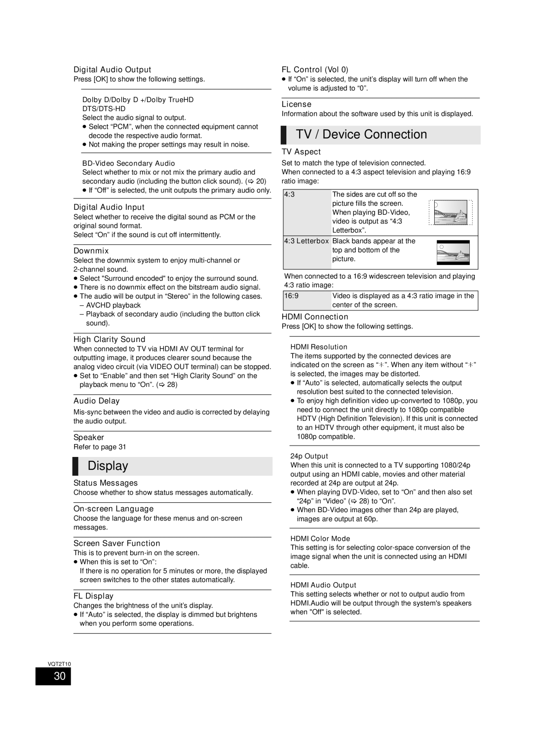 Panasonic SC-BT228, VQT2T10 warranty Display, TV / Device Connection 