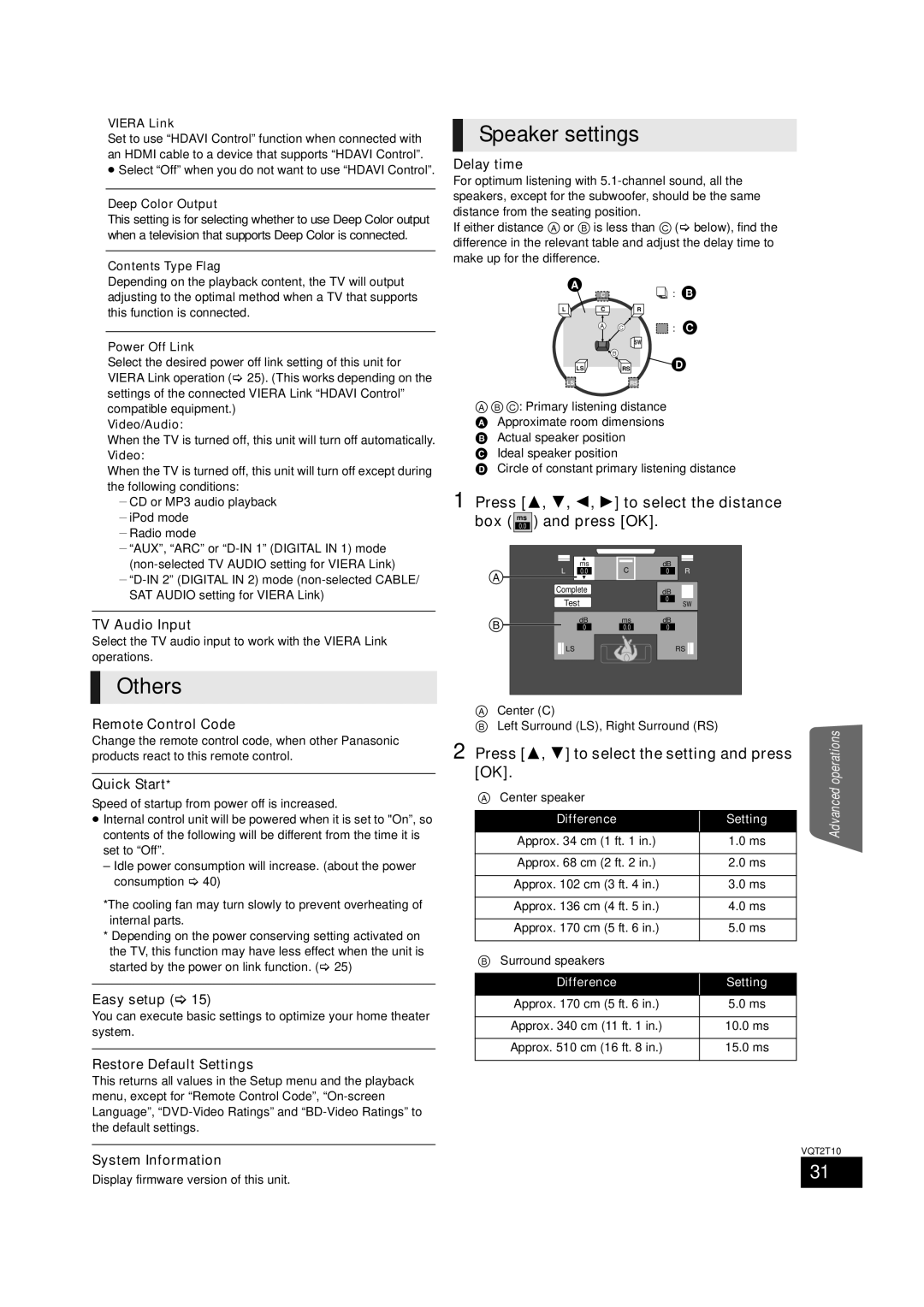 Panasonic VQT2T10, SC-BT228 warranty Others, Speaker settings, Press 3, 4 to select the setting and press 