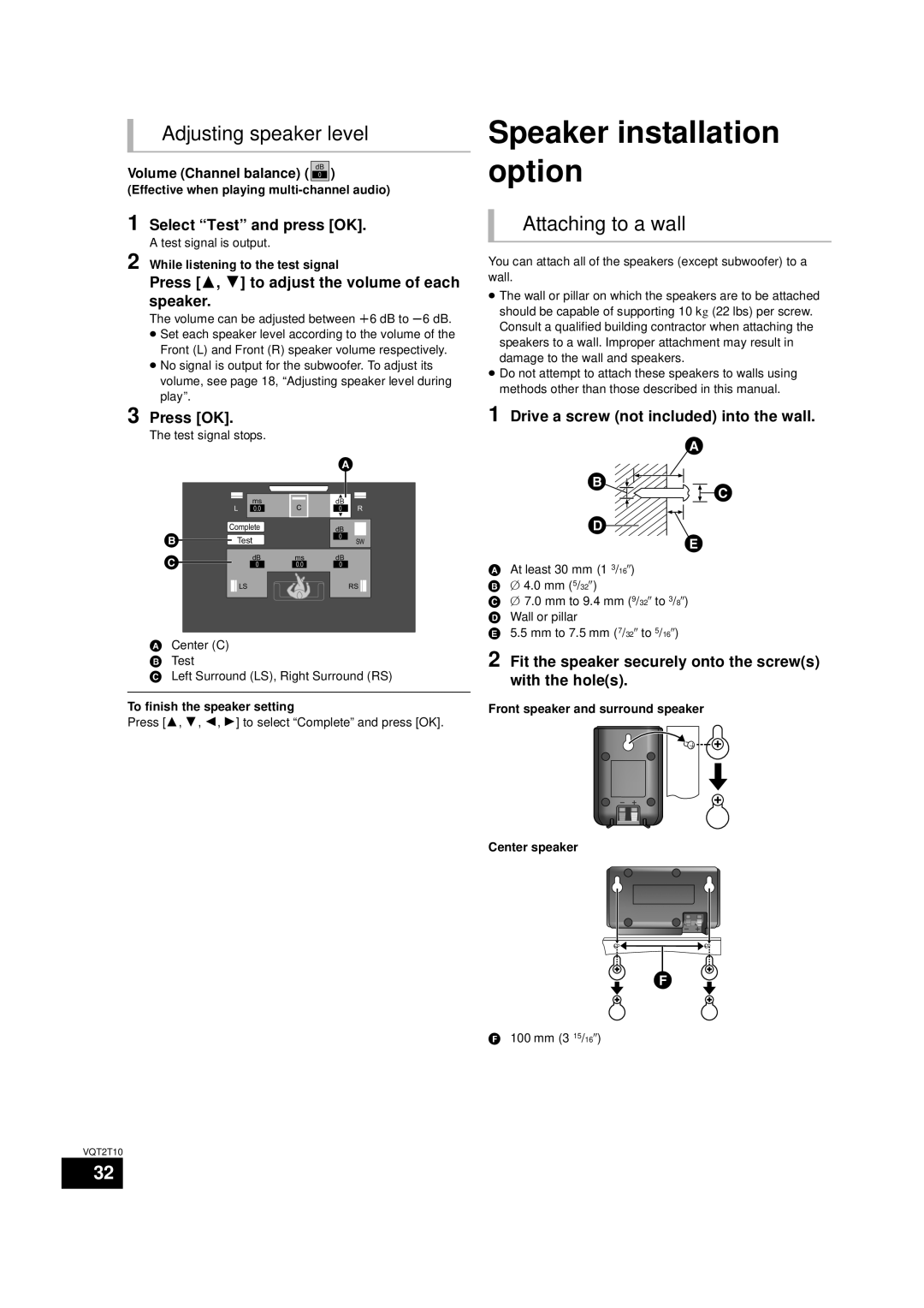 Panasonic SC-BT228, VQT2T10 warranty Speaker installation option, Adjusting speaker level, Attaching to a wall 