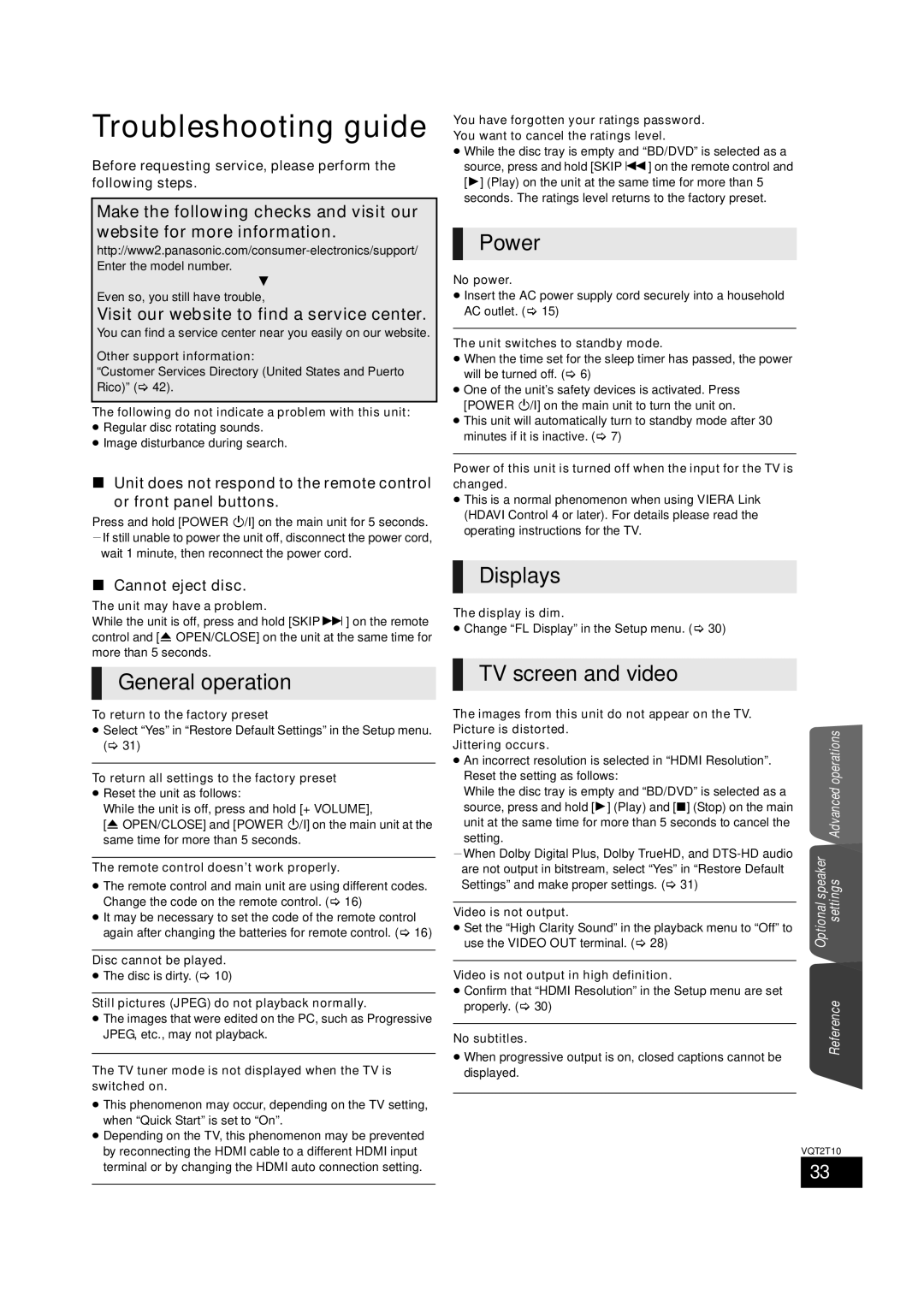 Panasonic VQT2T10, SC-BT228 warranty Troubleshooting guide, General operation, Power, Displays, TV screen and video 