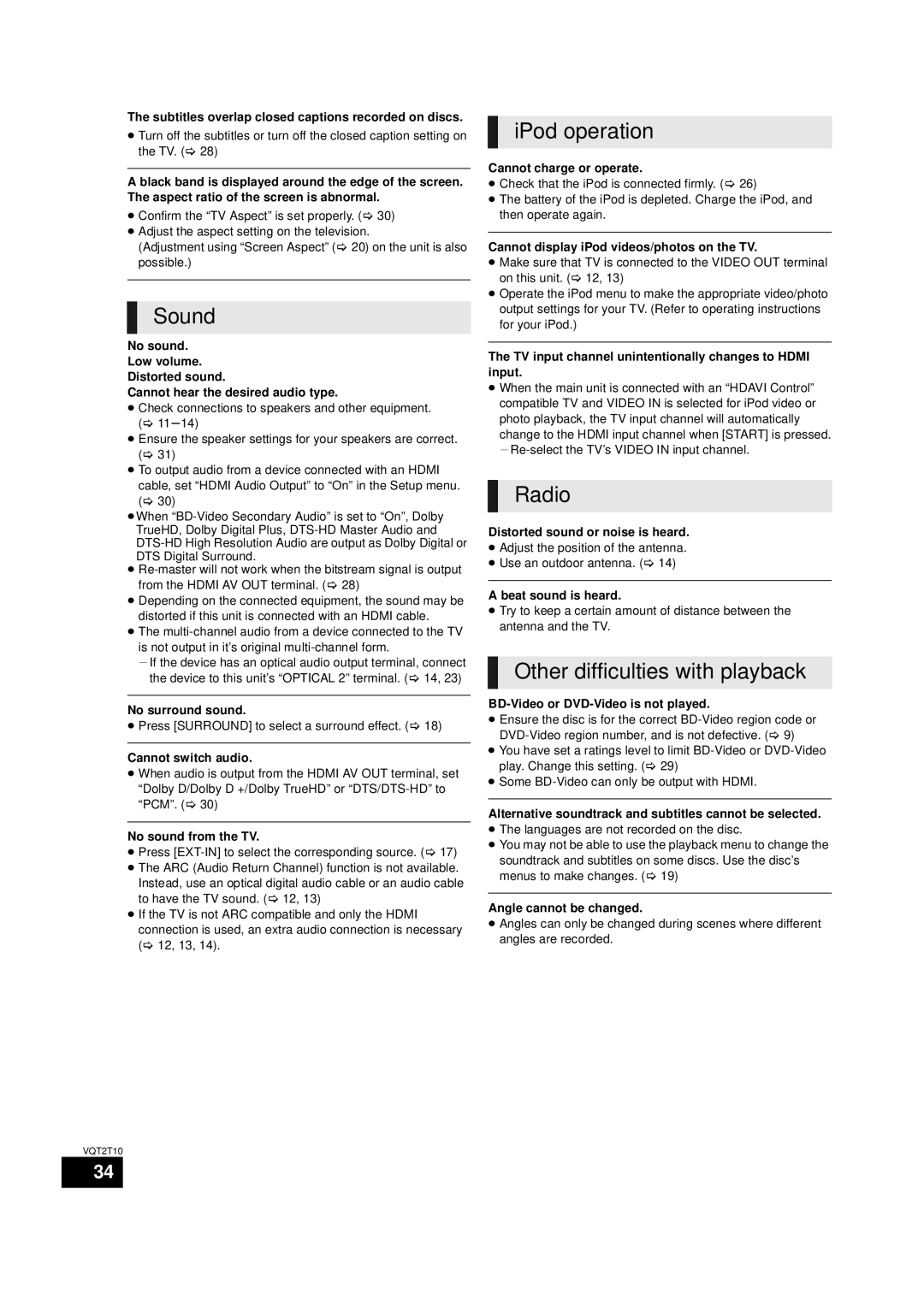 Panasonic SC-BT228, VQT2T10 warranty Sound, IPod operation, Radio, Other difficulties with playback 