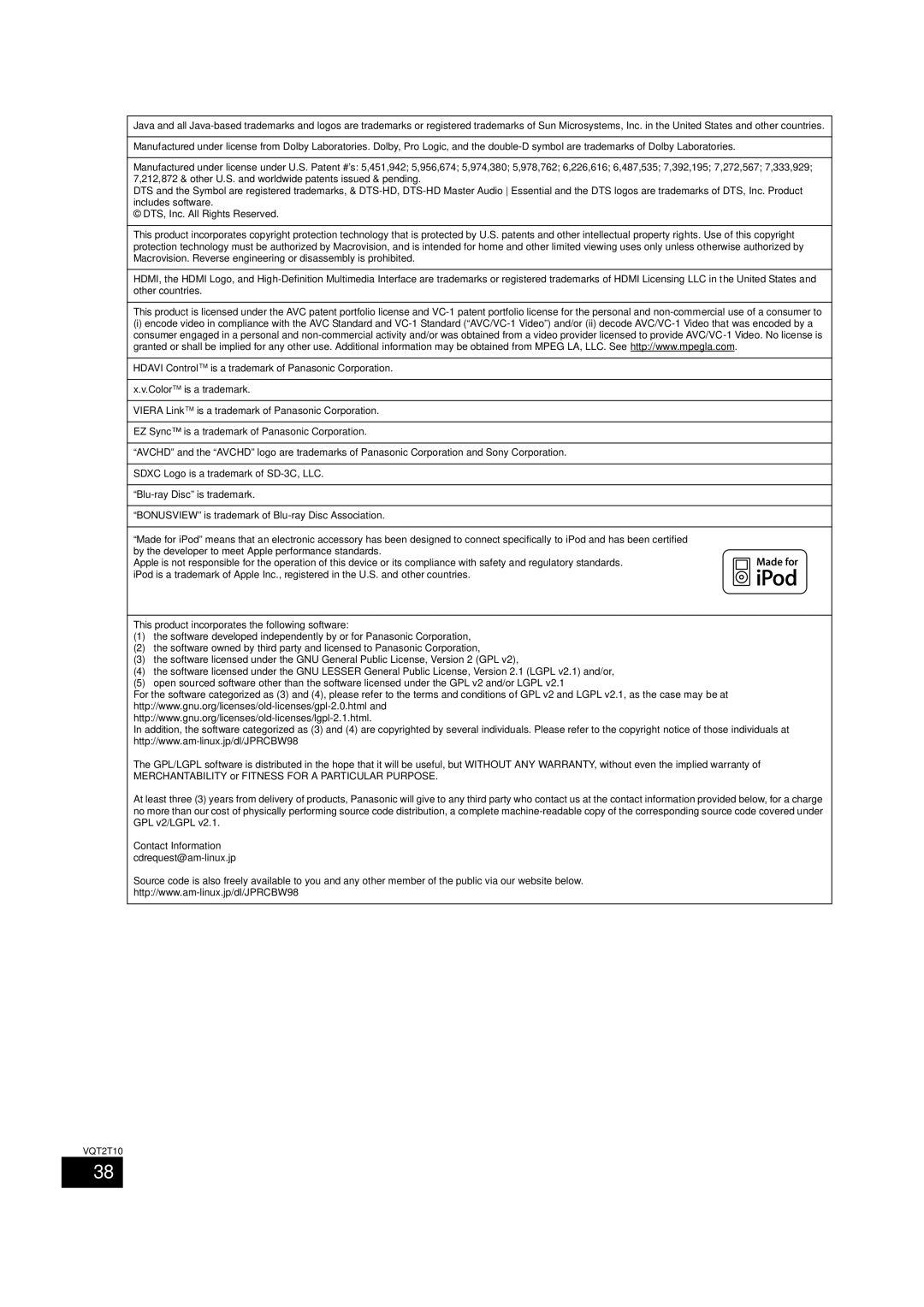 Panasonic SC-BT228, VQT2T10 warranty Contact Information cdrequest@am-linux.jp 