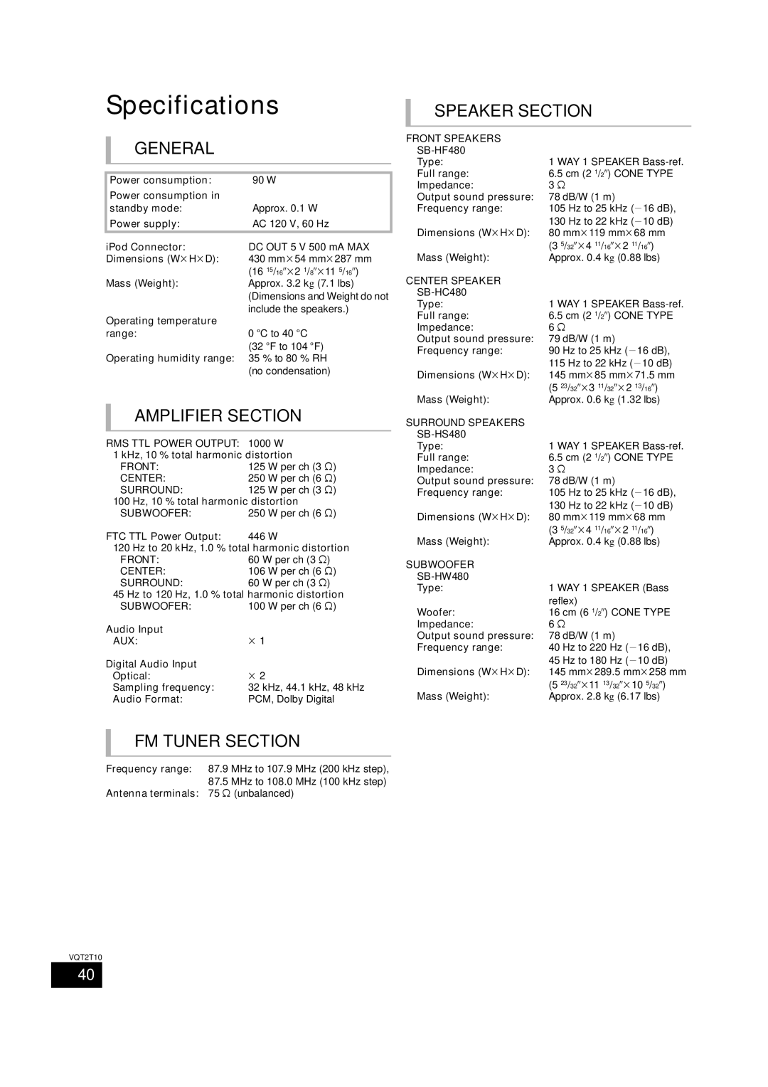 Panasonic SC-BT228, VQT2T10 warranty Specifications 