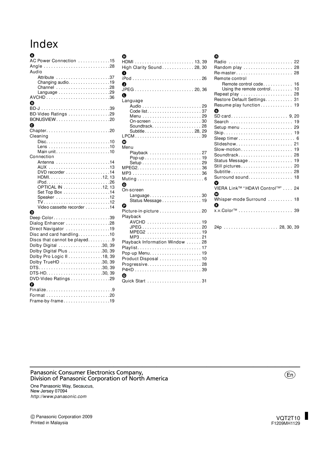 Panasonic SC-BT228, VQT2T10 warranty Index 