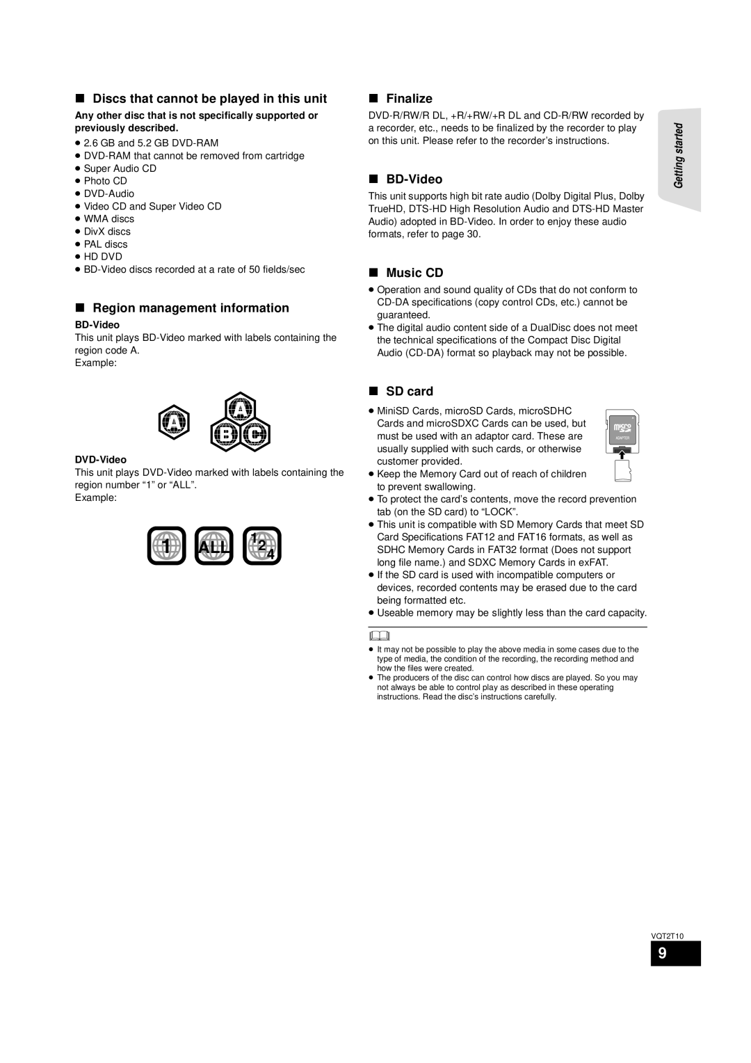 Panasonic VQT2T10 Discs that cannot be played in this unit, Region management information, Finalize, BD-Video, Music CD 