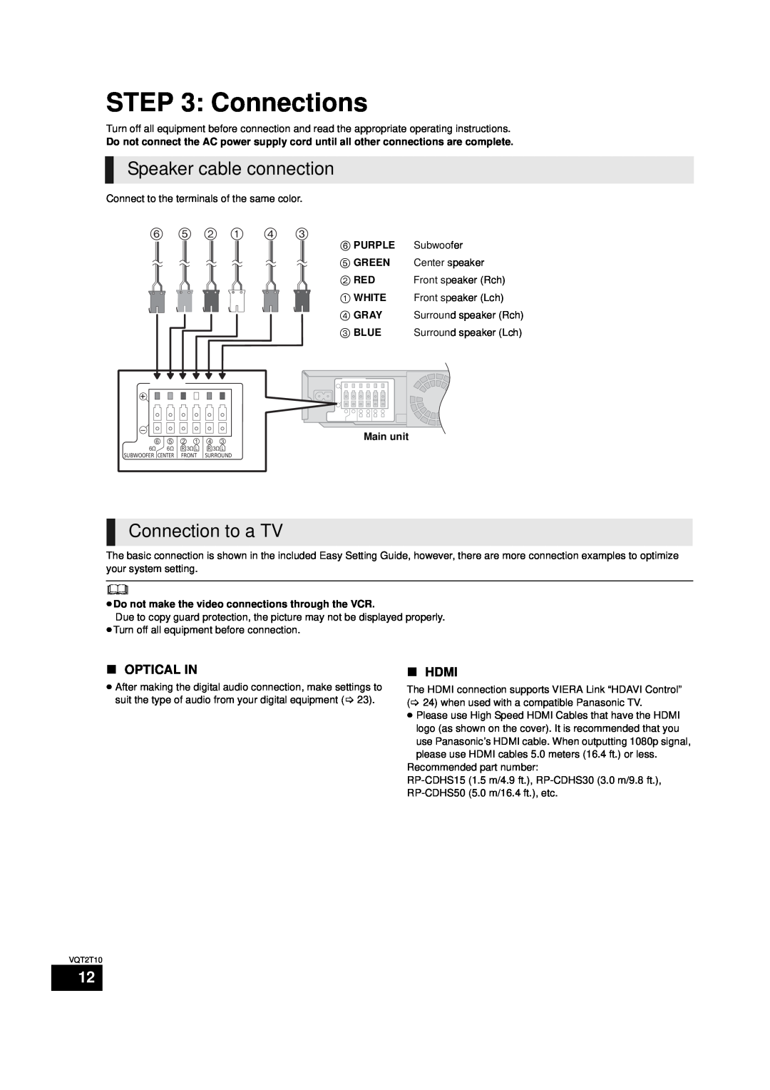 Panasonic SC-BT228, VQT2T10 warranty Connections, Speaker cable connection, Connection to a TV, Optical In, Hdmi 