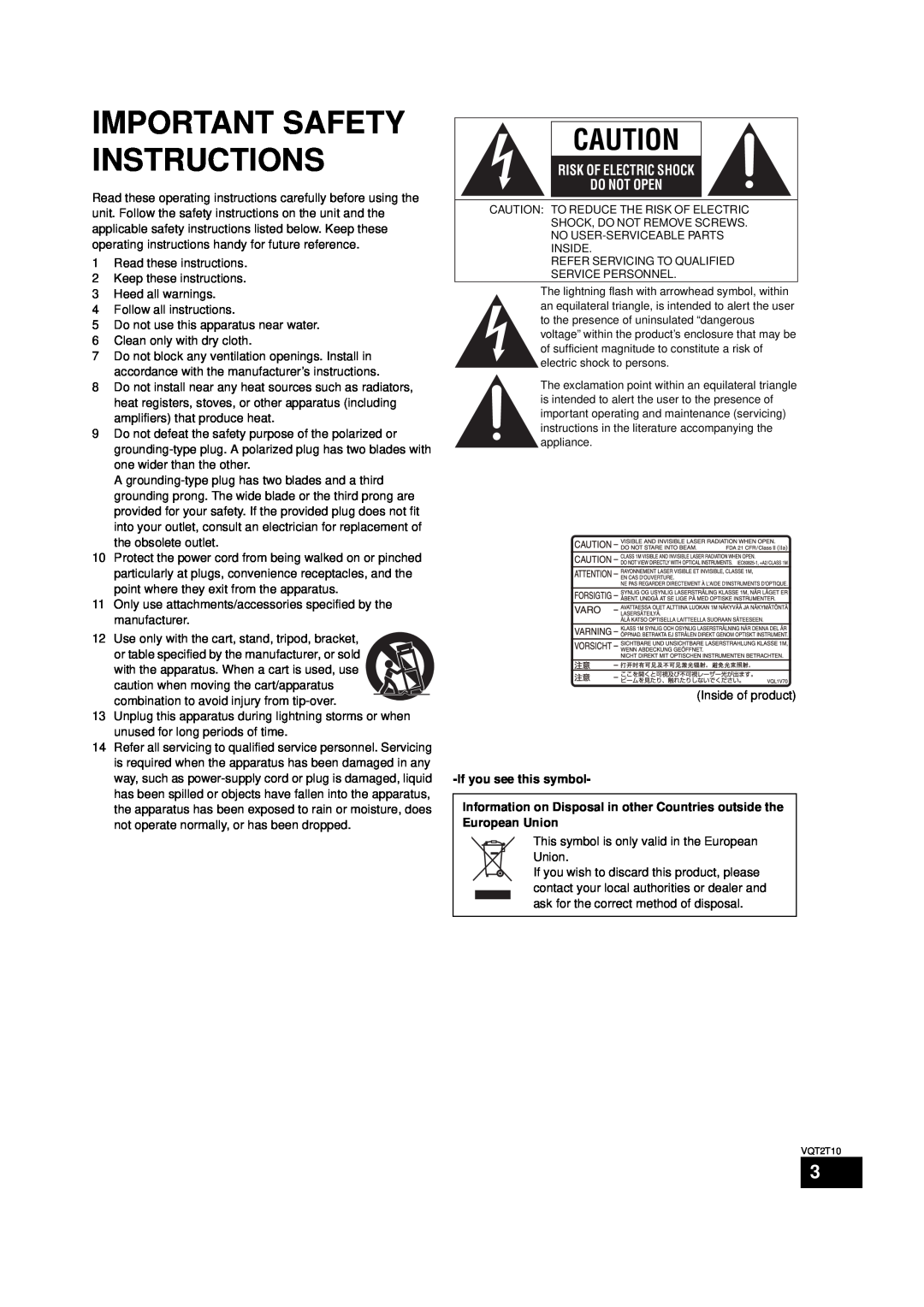 Panasonic VQT2T10, SC-BT228 warranty Important Safety Instructions, Risk Of Electric Shock Do Not Open 