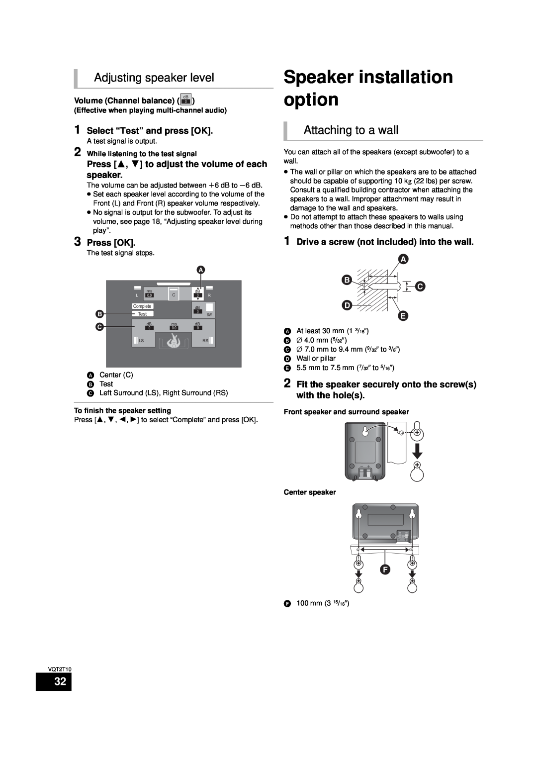 Panasonic SC-BT228 Speaker installation option, Adjusting speaker level, Attaching to a wall, Select “Test” and press OK 