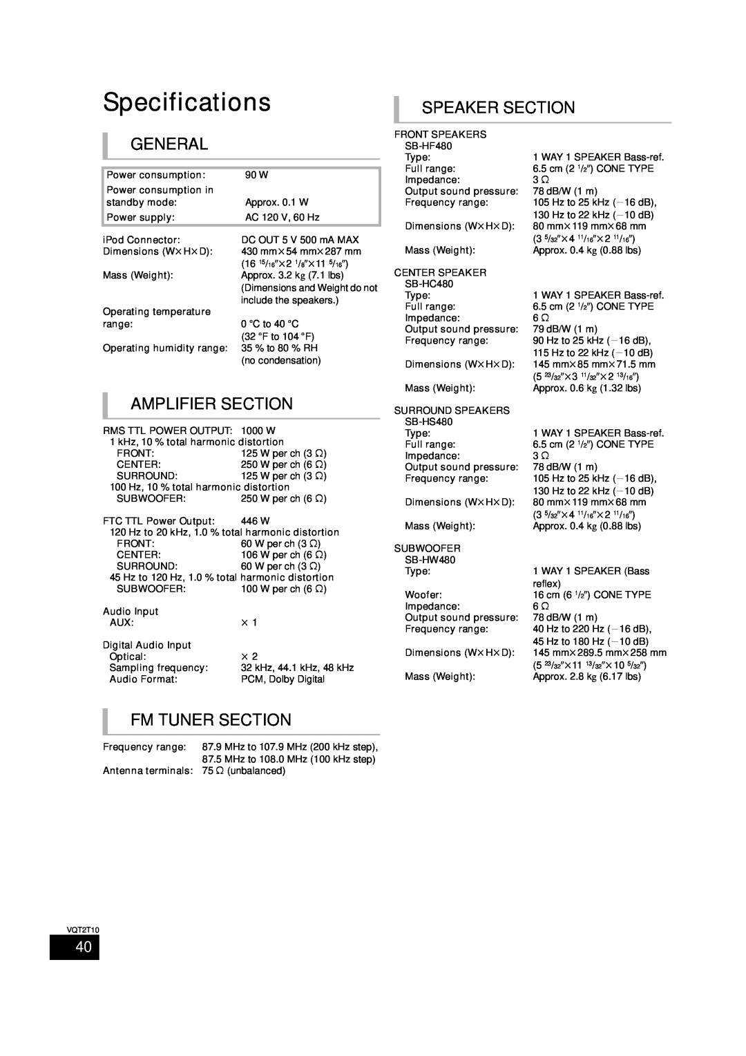 Panasonic SC-BT228, VQT2T10 warranty Specifications, General, Amplifier Section, Fm Tuner Section, Speaker Section 