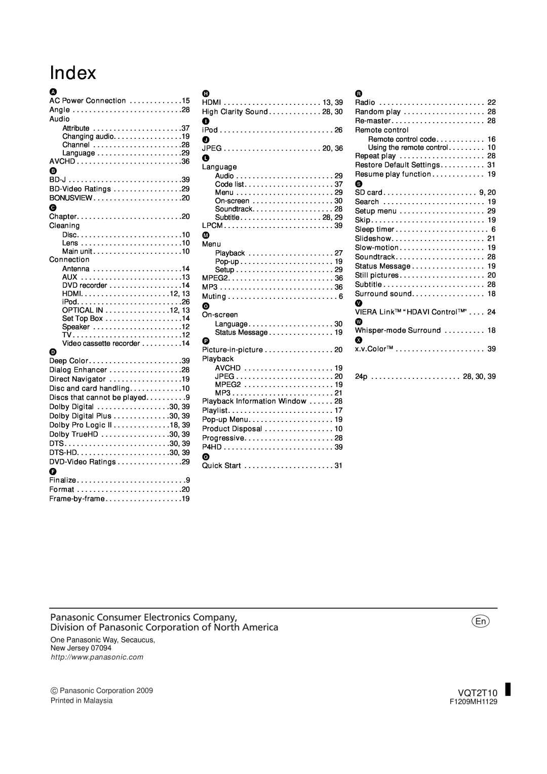 Panasonic SC-BT228, VQT2T10 warranty Index 