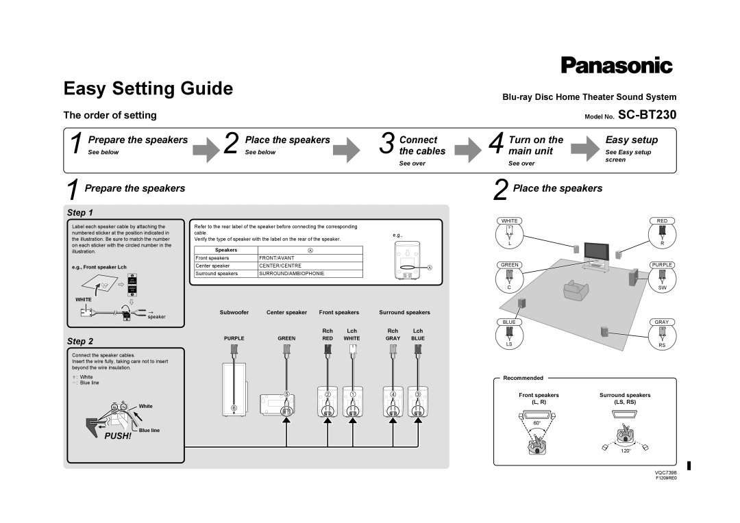 Panasonic VQC7398 manual The order of setting, Prepare the speakers, Turn on the, Easy setup, main unit, Subwoofer, L, R 
