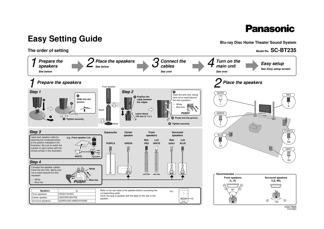 Panasonic SC-BT235 manual Prepare Speakers, Prepare the speakers Place the speakers Connect, Cables 