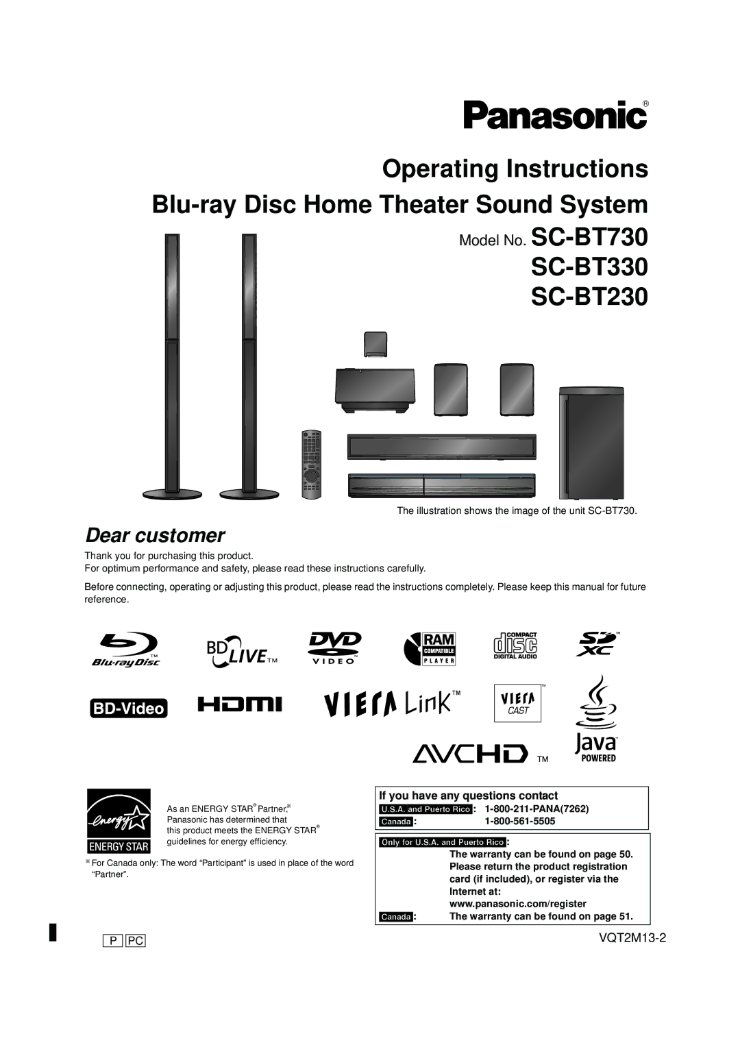 Panasonic SC-BT730 operating instructions SC-BT330 SC-BT230, If you have any questions contact 