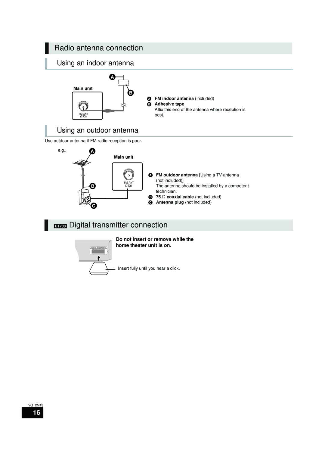 Panasonic SC-BT730, SC-BT330 Radio antenna connection, BT730 Digital transmitter connection, Using an indoor antenna 