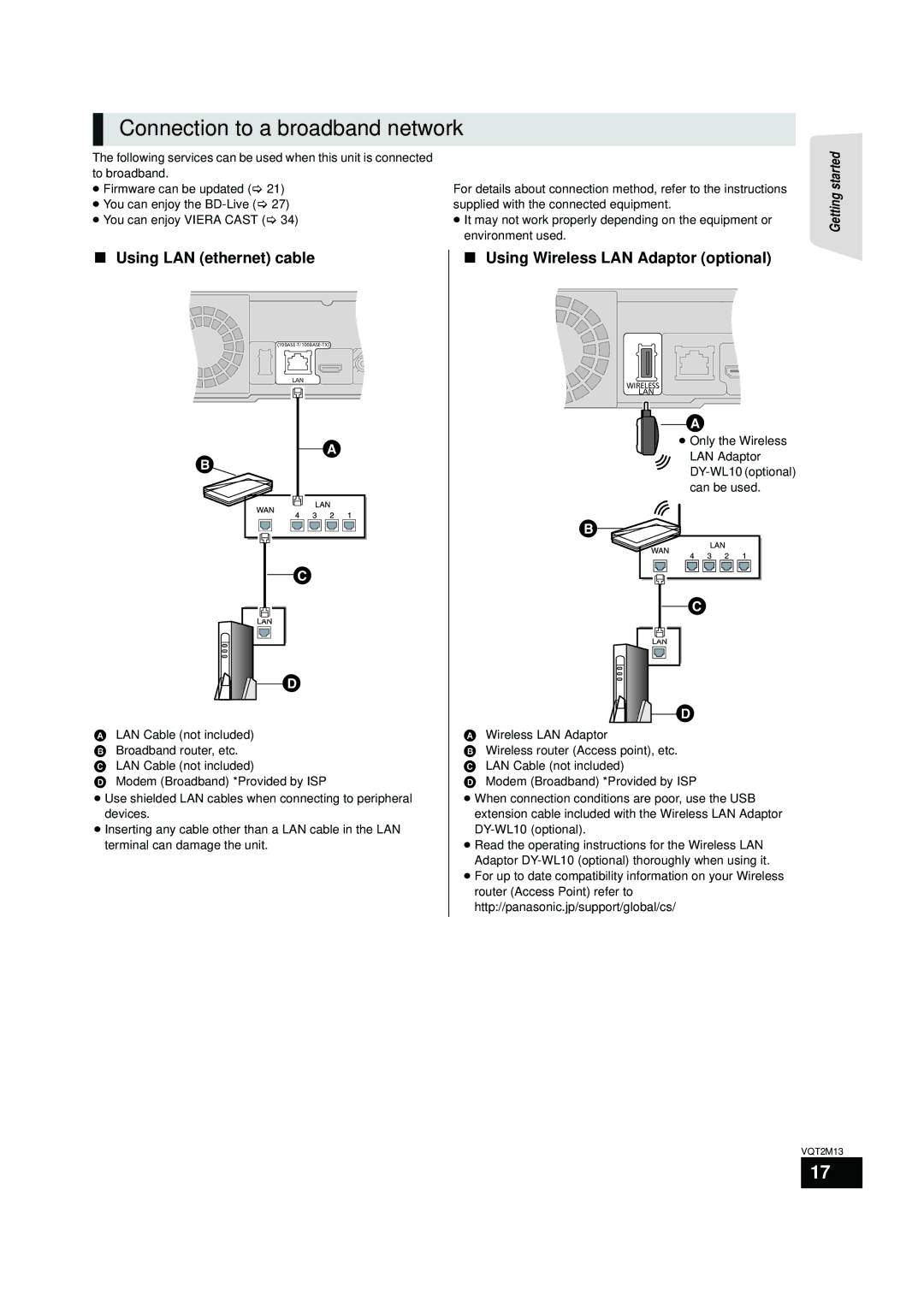 Panasonic SC-BT330 Connection to a broadband network, Using LAN ethernet cable, Using Wireless LAN Adaptor optional 