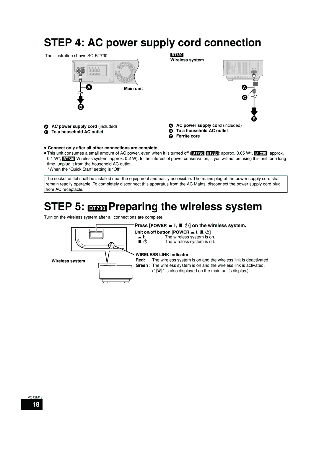 Panasonic SC-BT730 AC power supply cord connection, BT730 Preparing the wireless system, Unit on/off button Power C I, B Í 