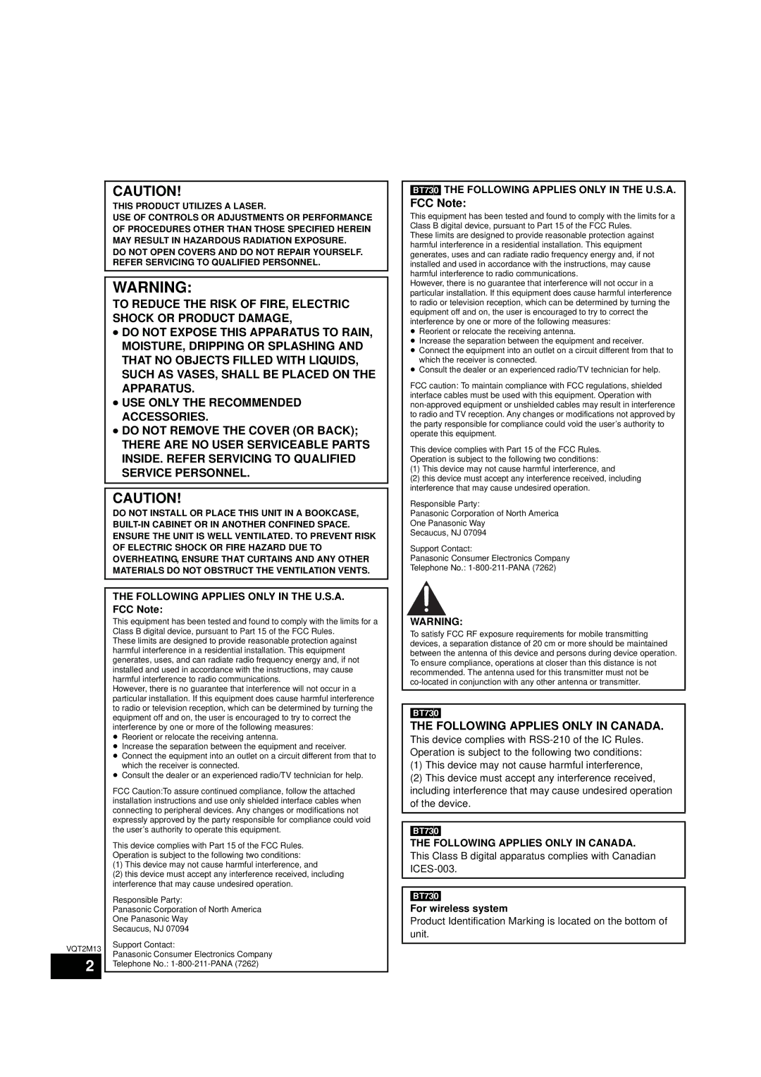 Panasonic SC-BT730, SC-BT330 FCC Note, BT730 the Following Applies only in the U.S.A, Following Applies only in Canada 