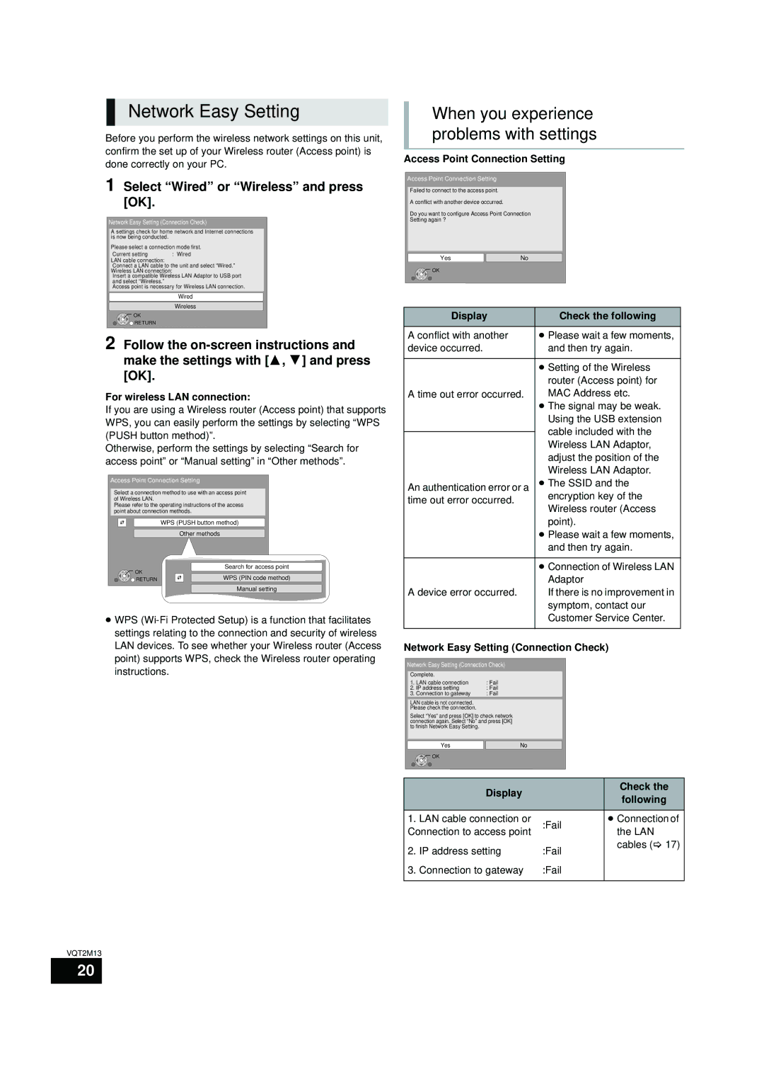 Panasonic SC-BT730 Network Easy Setting, When you experience problems with settings, Select Wired or Wireless and press OK 