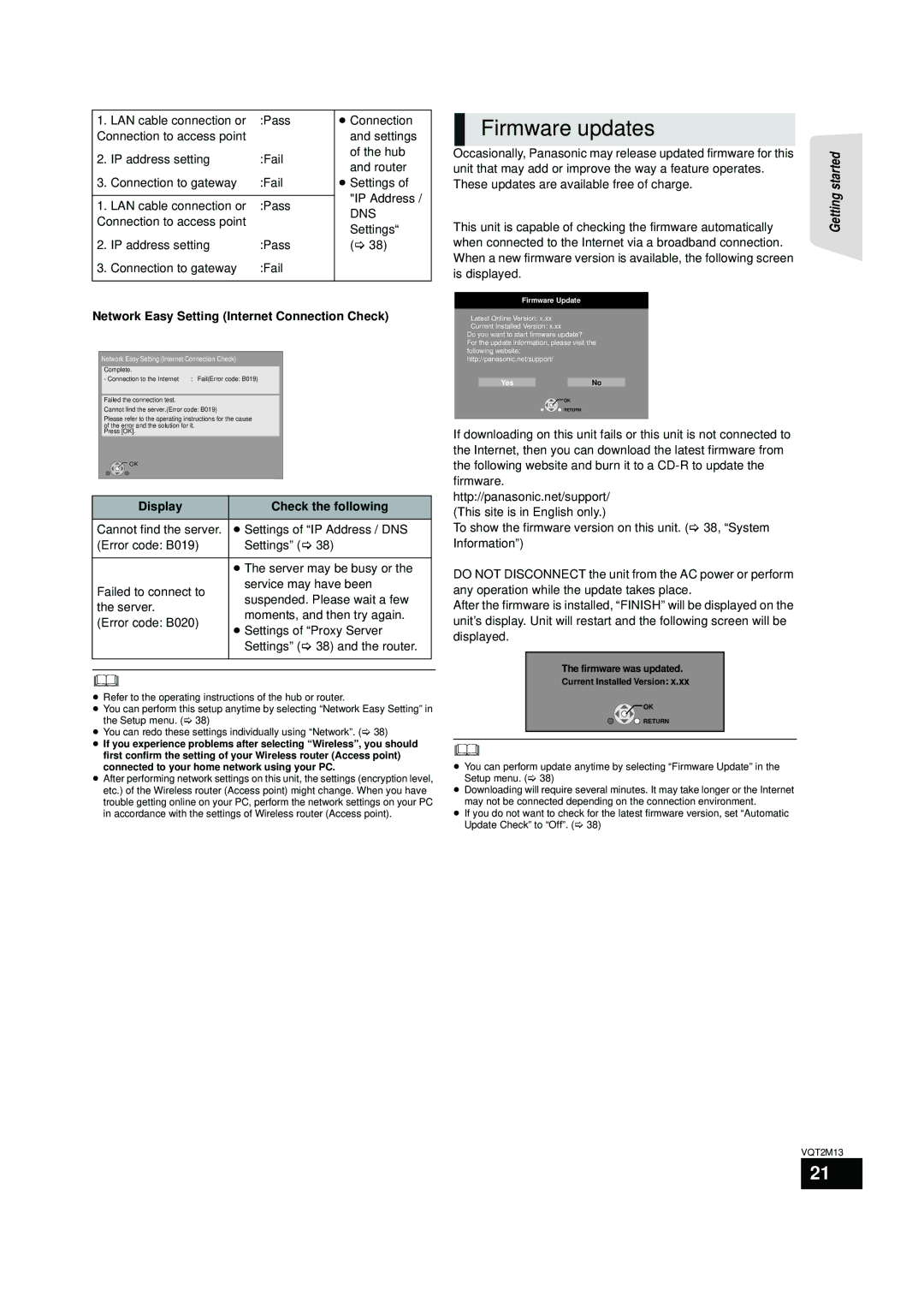 Panasonic SC-BT330, SC-BT730 operating instructions Firmware updates, Network Easy Setting Internet Connection Check 