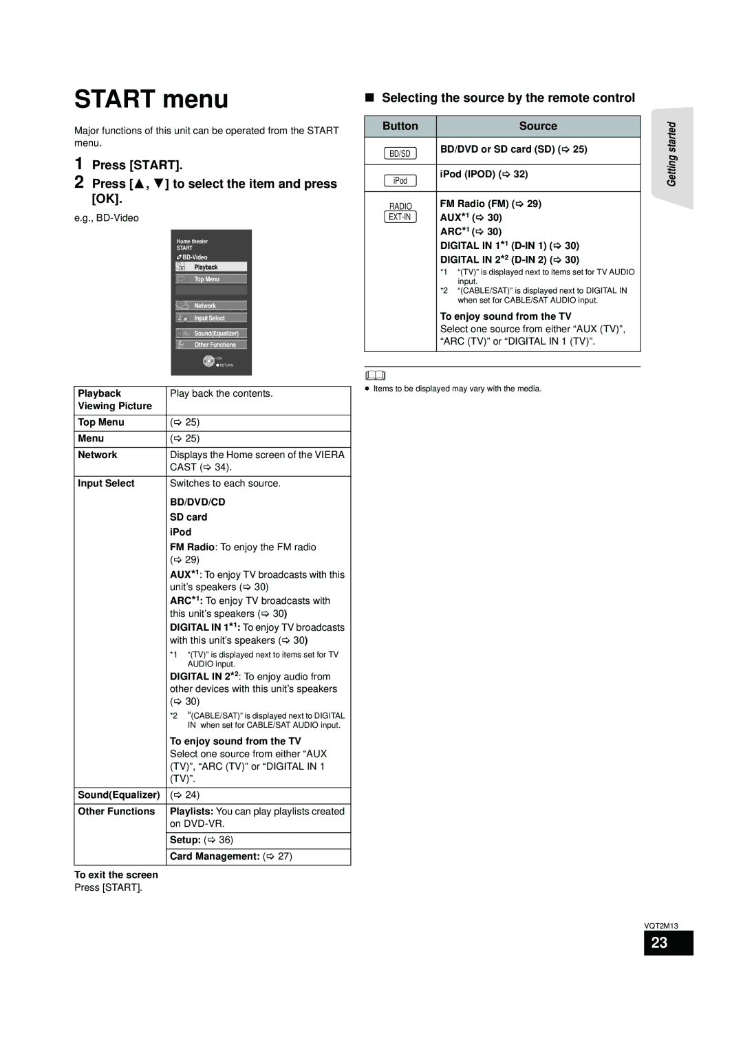 Panasonic SC-BT330, SC-BT730 Start menu, Press Start Press 3, 4 to select the item and press OK, Button Source, Bd/Dvd/Cd 