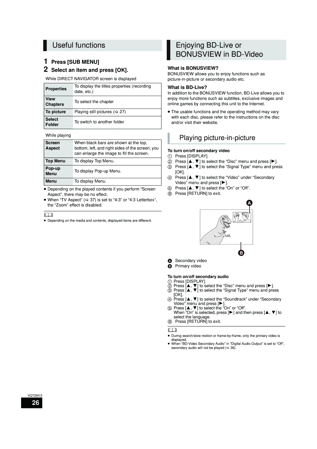 Panasonic SC-BT730, SC-BT330 Useful functions, Enjoying BD-Live or Bonusview in BD-Video, Playing picture-in-picture 