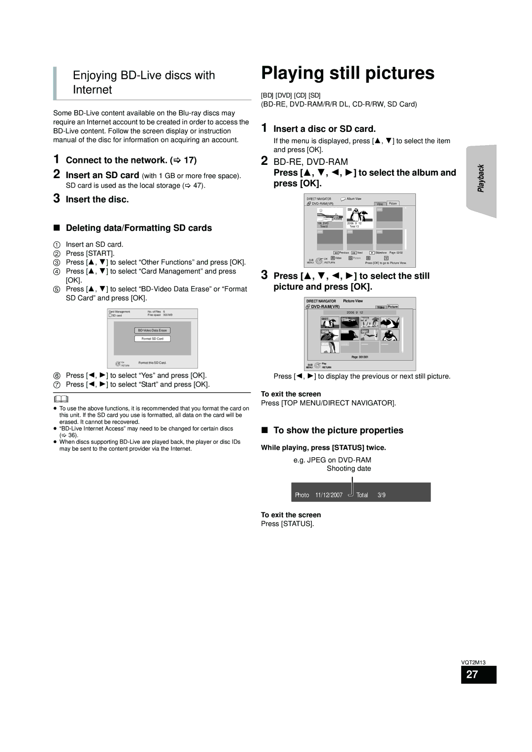 Panasonic SC-BT330, SC-BT730 operating instructions Playing still pictures, Enjoying BD-Live discs with Internet 