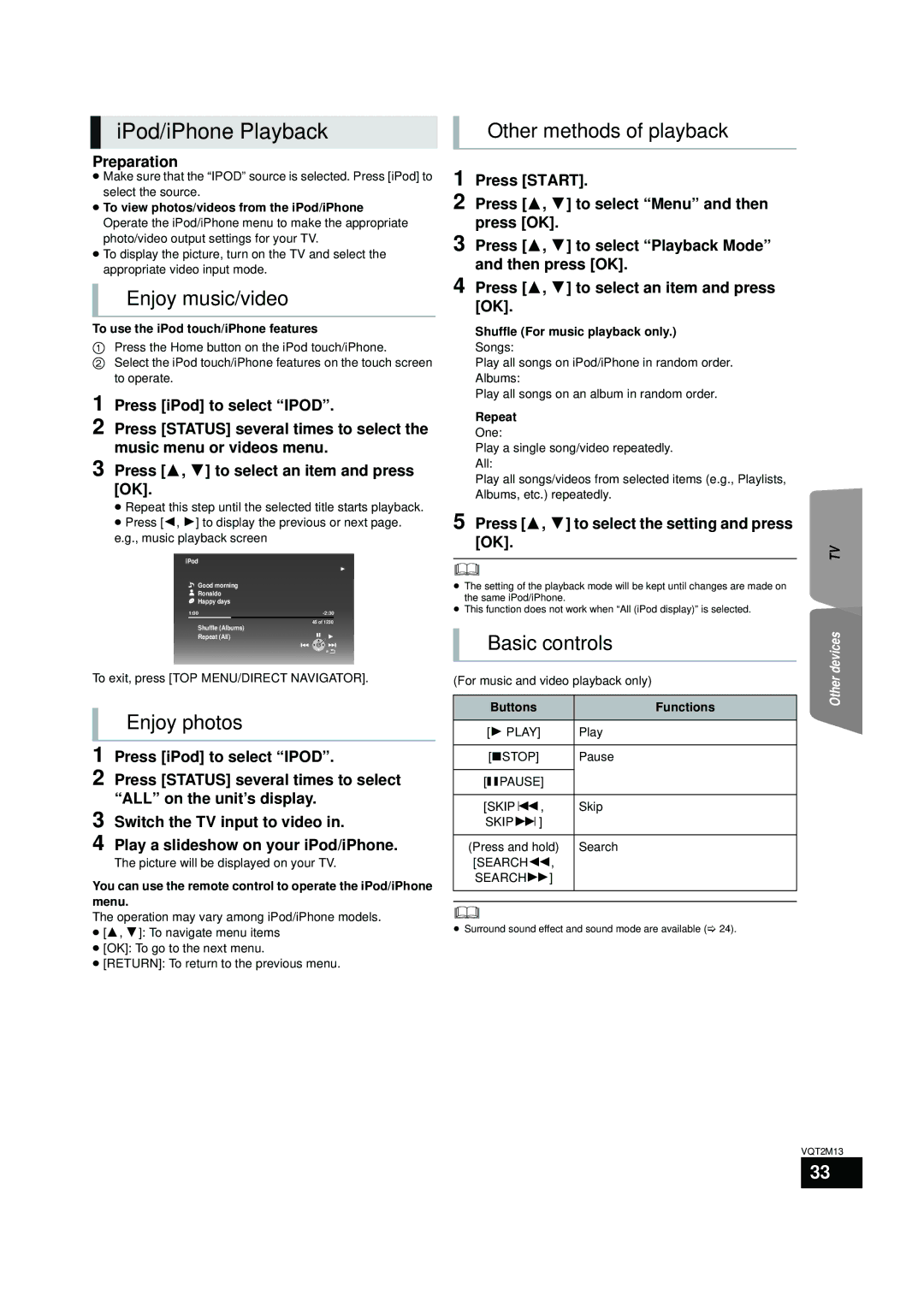 Panasonic SC-BT330 IPod/iPhone Playback, Enjoy music/video, Enjoy photos, Other methods of playback, Basic controls 