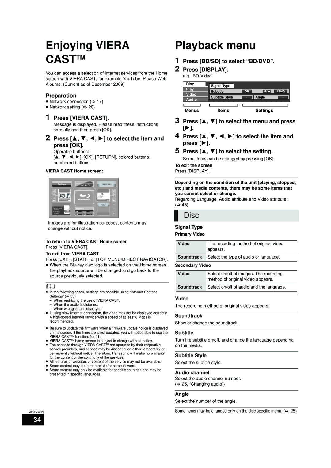 Panasonic SC-BT730, SC-BT330 Enjoying Viera, Disc, Press Viera Cast, Press 3, 4, 2, 1 to select the item and press OK 