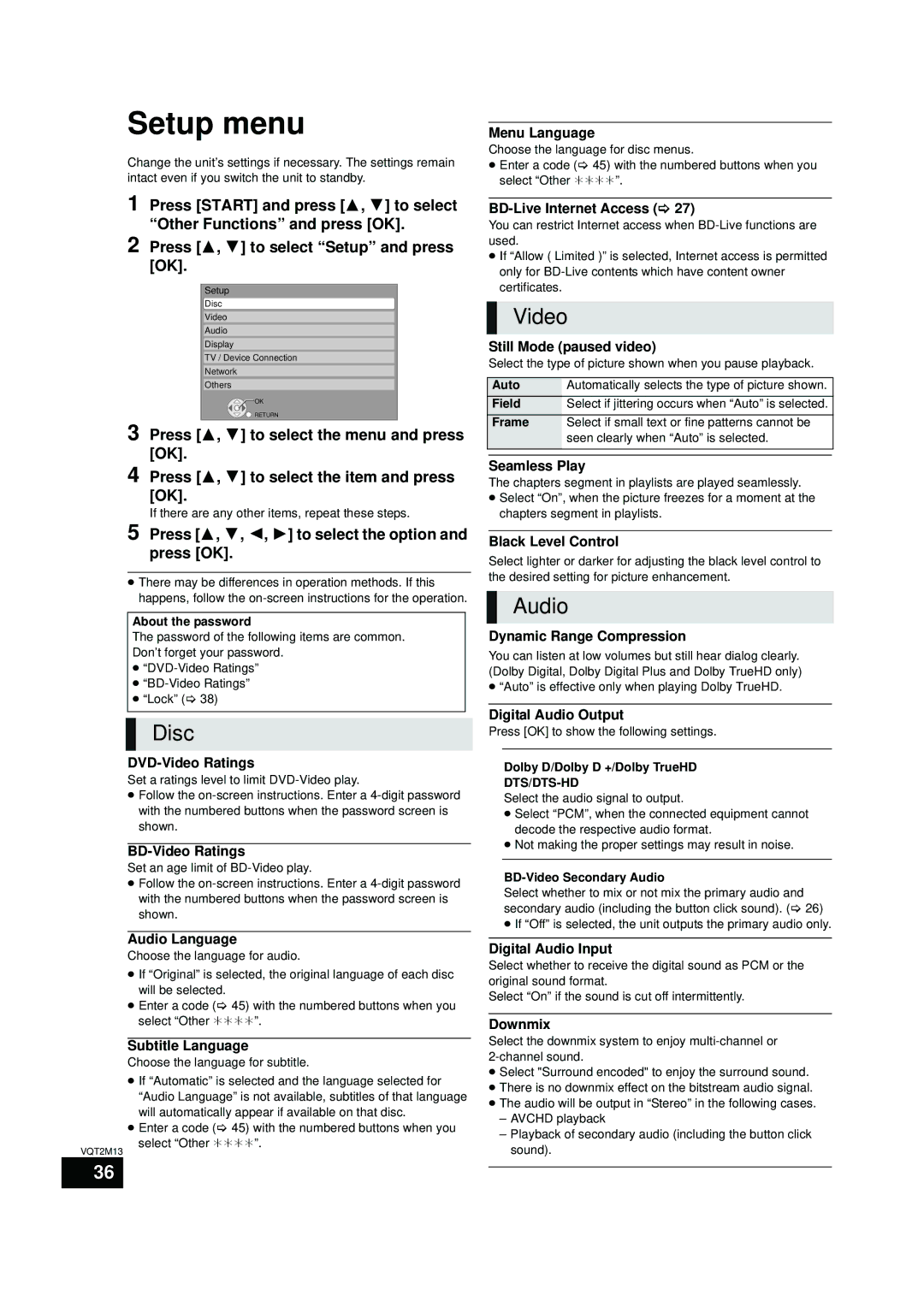 Panasonic SC-BT730, SC-BT330 operating instructions Setup menu, Press 3, 4, 2, 1 to select the option and press OK 