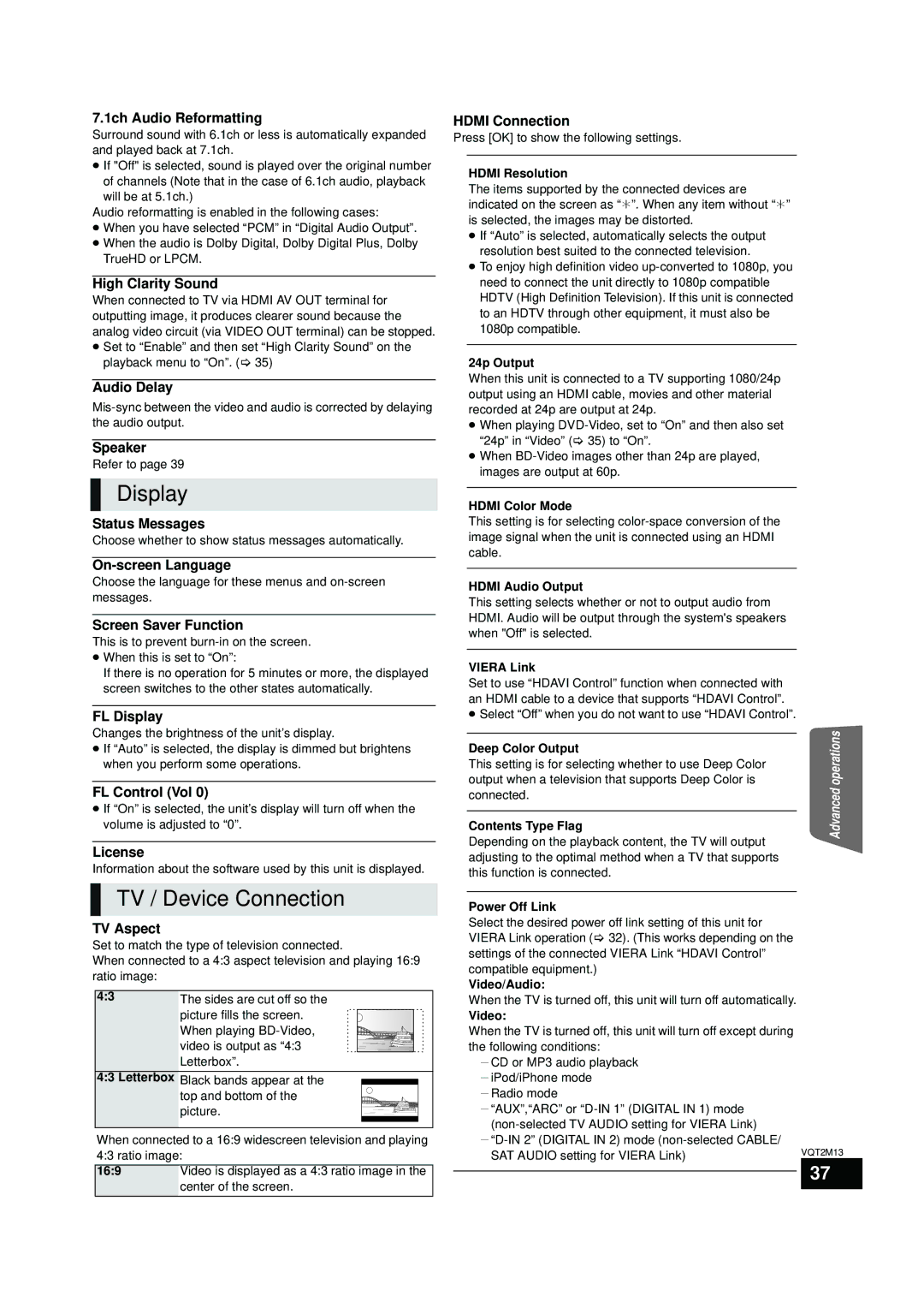 Panasonic SC-BT330, SC-BT730 operating instructions Display, TV / Device Connection 