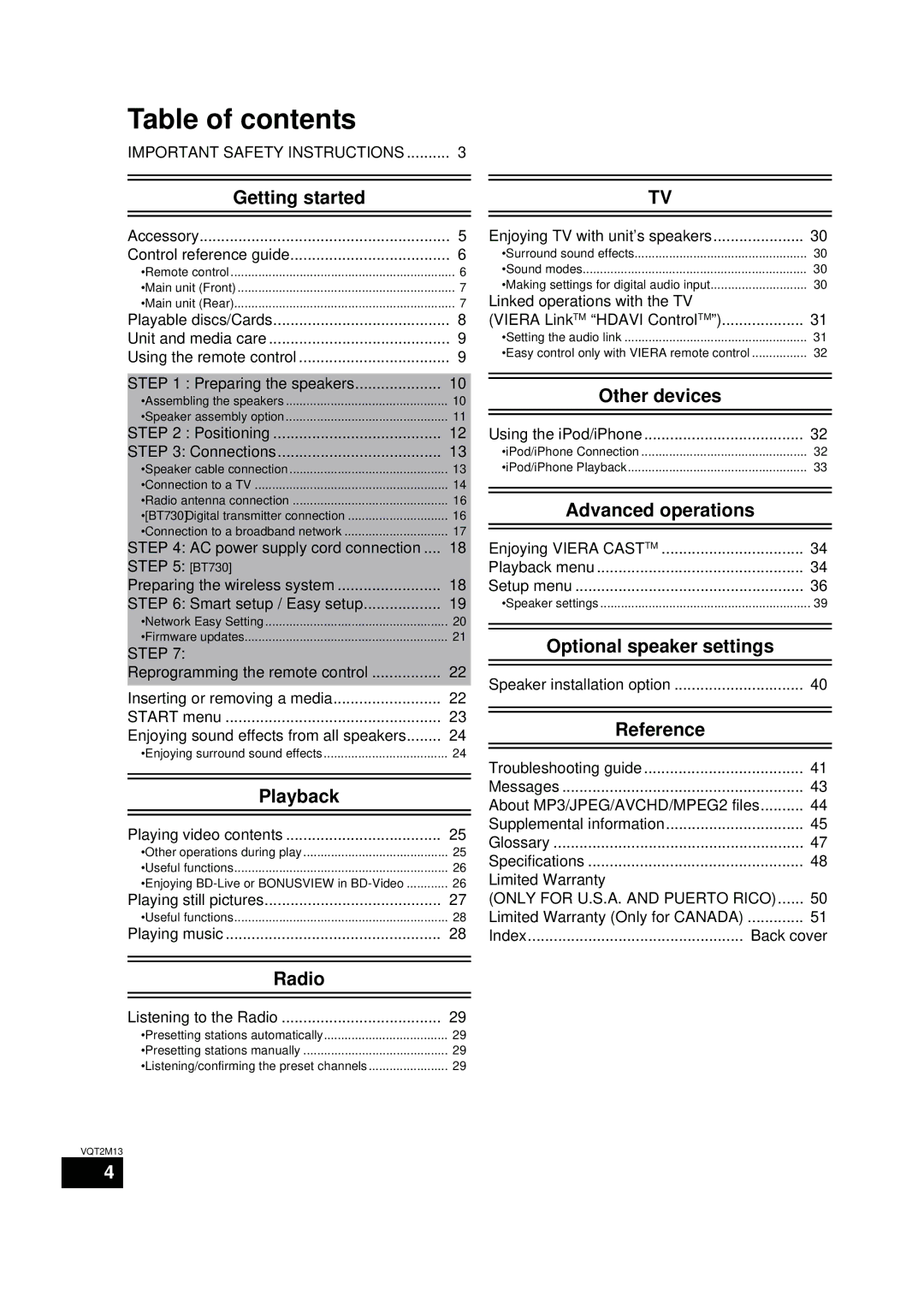 Panasonic SC-BT730, SC-BT330 operating instructions Table of contents 