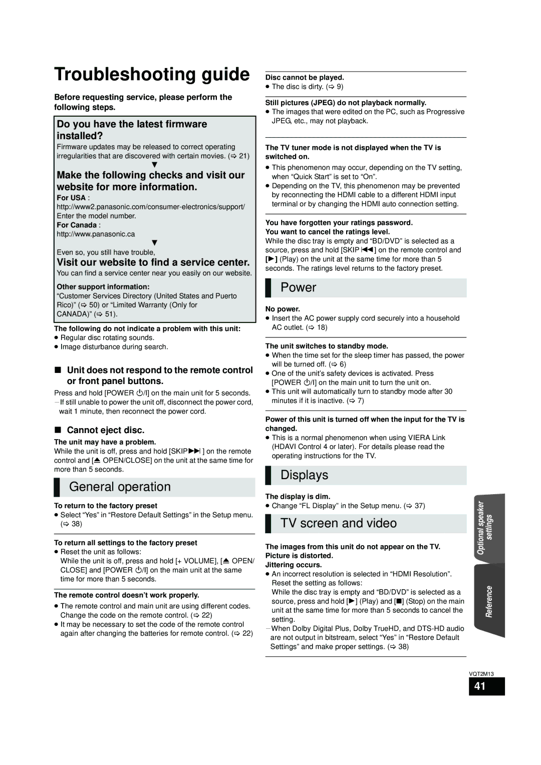 Panasonic SC-BT330, SC-BT730 Troubleshooting guide, General operation, Power, Displays, TV screen and video 