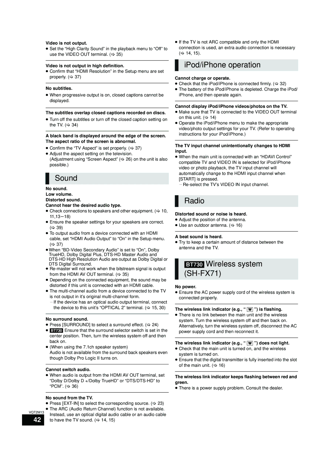 Panasonic SC-BT730, SC-BT330 operating instructions Sound, IPod/iPhone operation, Radio, BT730 Wireless system SH-FX71 