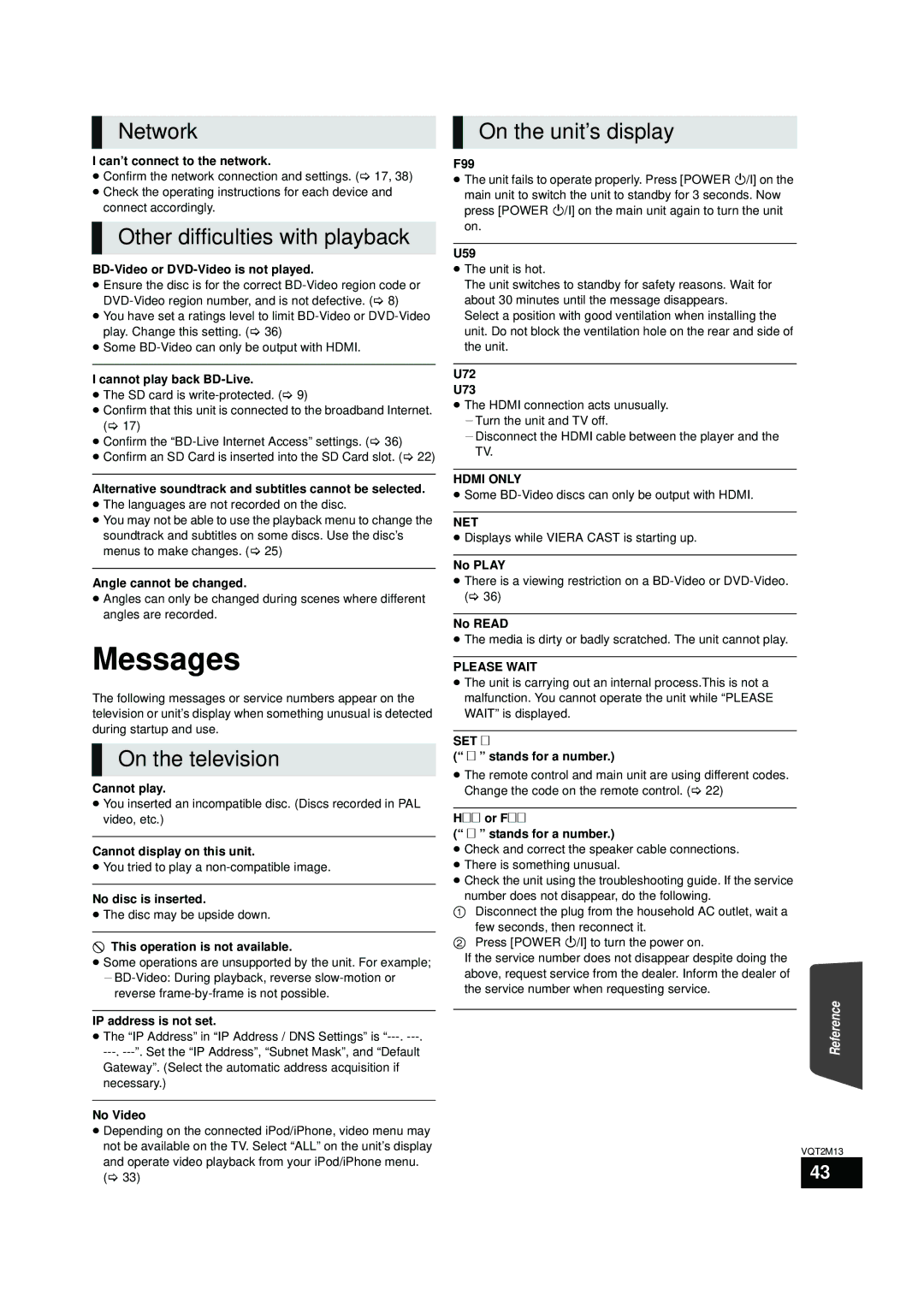 Panasonic SC-BT330, SC-BT730 Messages, Network On the unit’s display, Other difficulties with playback, On the television 