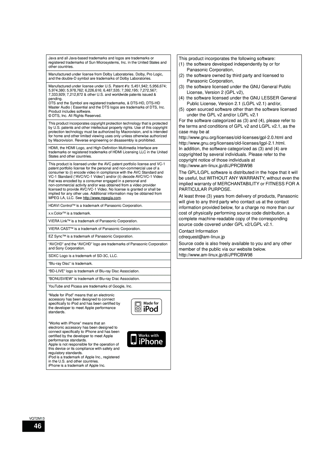 Panasonic SC-BT730, SC-BT330 operating instructions Contact Information cdrequest@am-linux.jp 