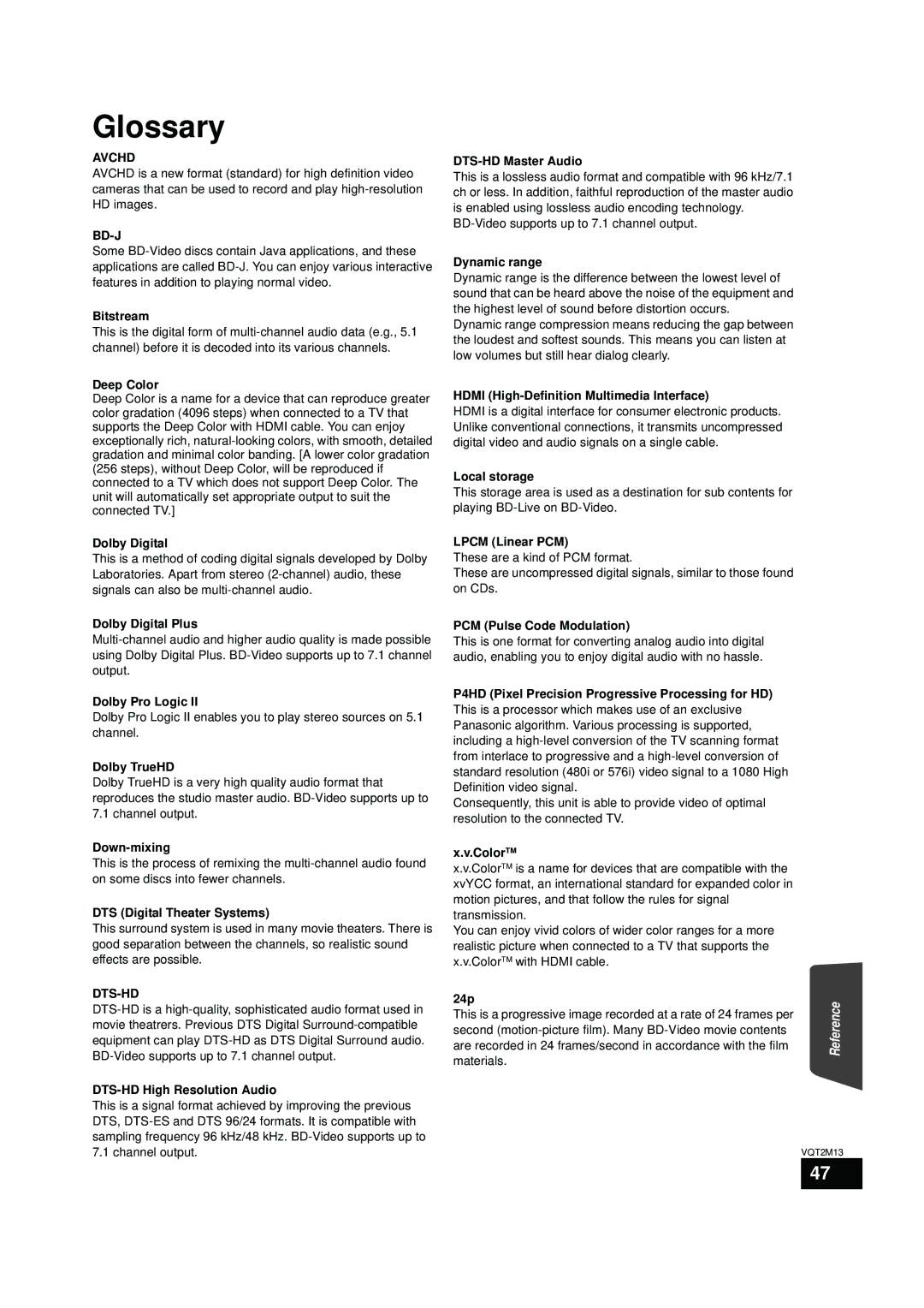 Panasonic SC-BT330, SC-BT730 operating instructions Glossary, Avchd, Bd-J, Dts-Hd 