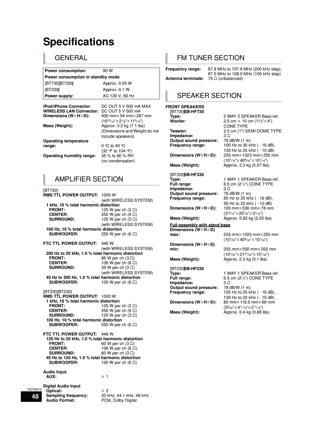 Panasonic SC-BT730, SC-BT330 operating instructions Specifications 